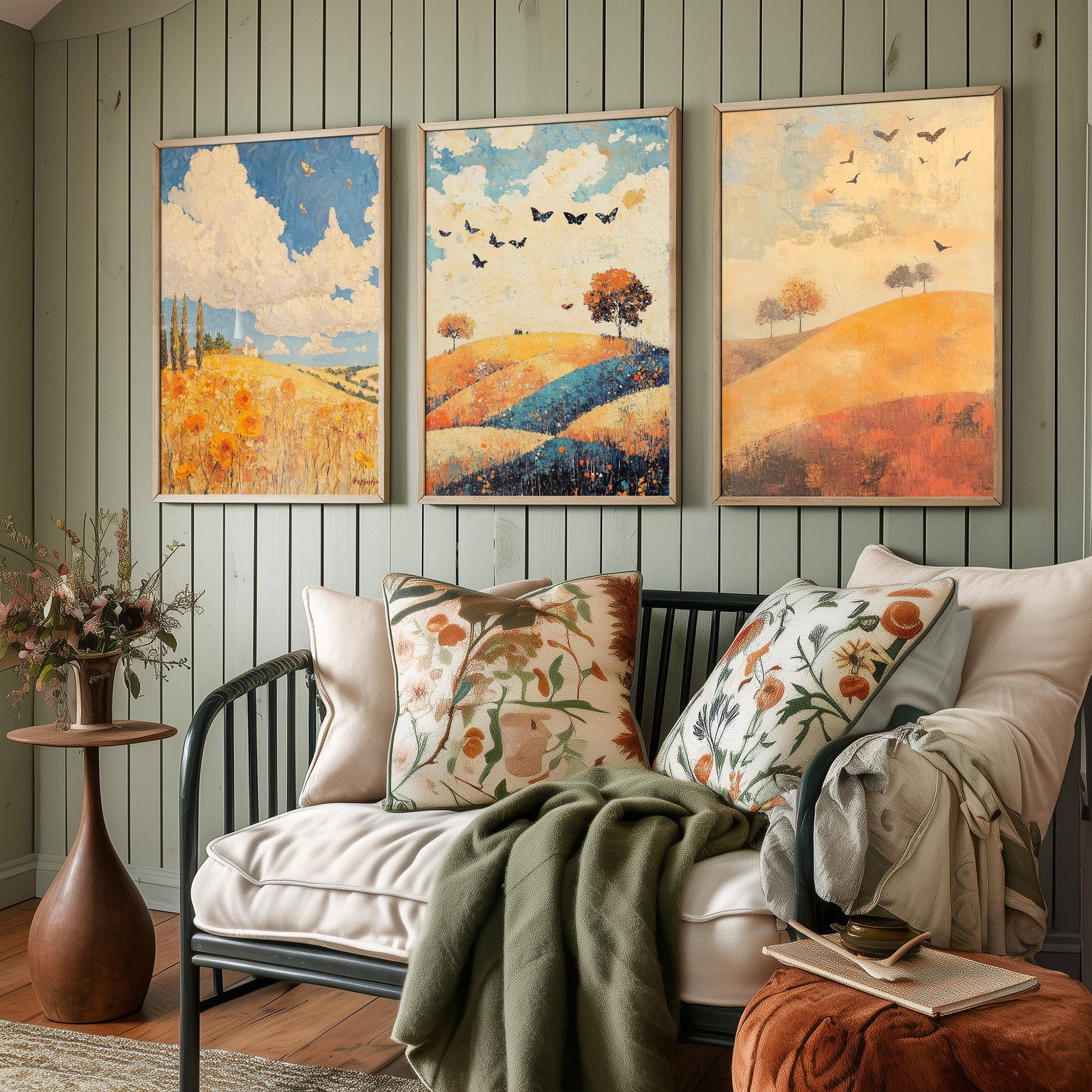 Rolling Hills Butterfly Set of Three Art Prints - Cobalt Marmalade and Snowdrift - Folk Meadow Poster Illustration Gift