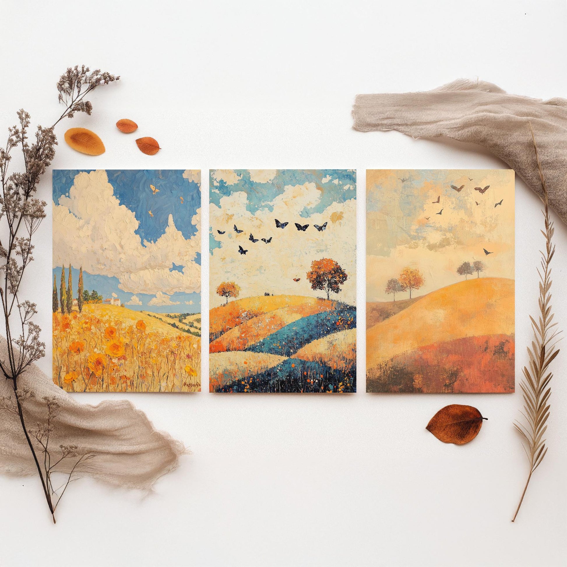Rolling Hills Butterfly Set of Three Art Prints - Cobalt Marmalade and Snowdrift - Folk Meadow Poster Illustration Gift