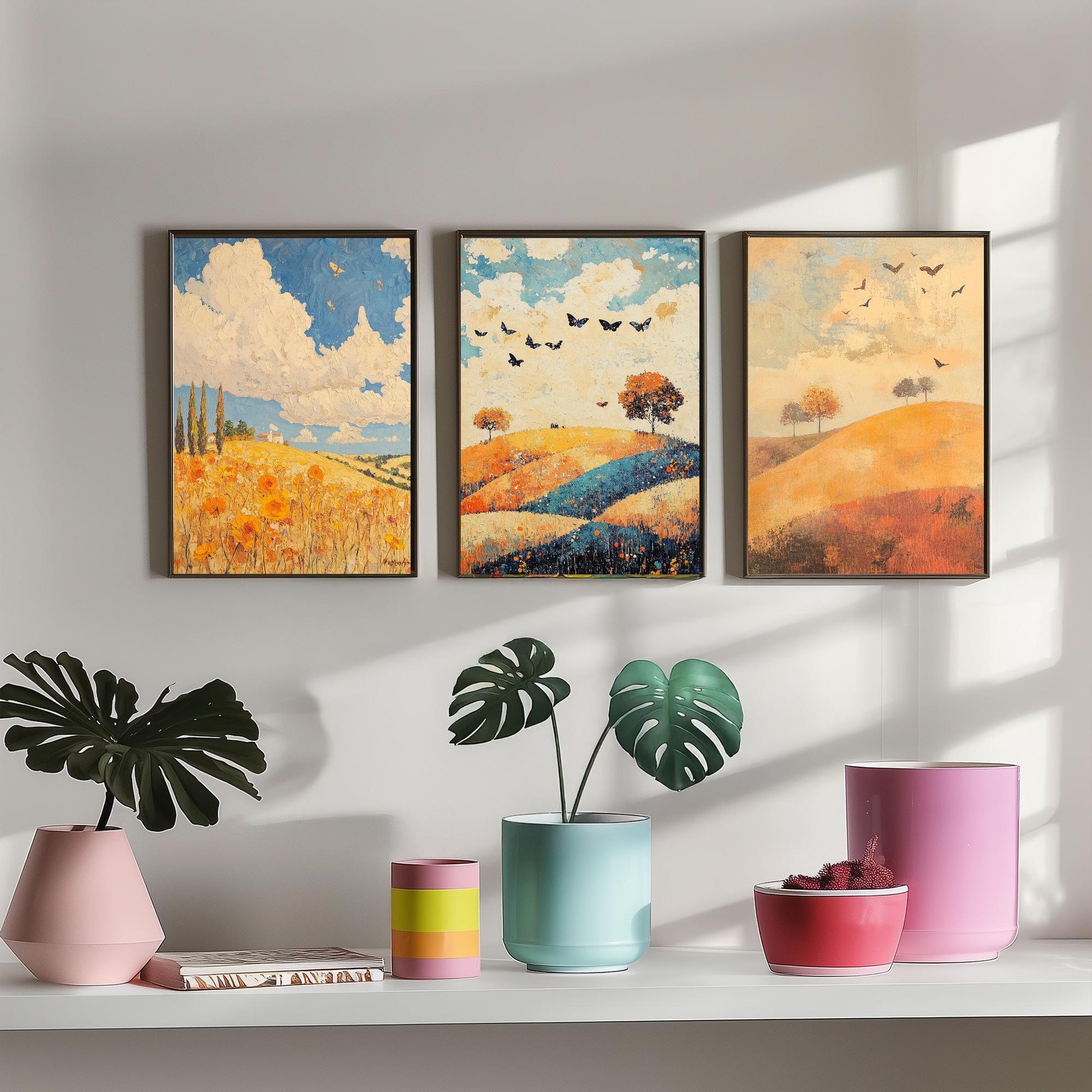 Rolling Hills Butterfly Set of Three Art Prints - Cobalt Marmalade and Snowdrift - Folk Meadow Poster Illustration Gift