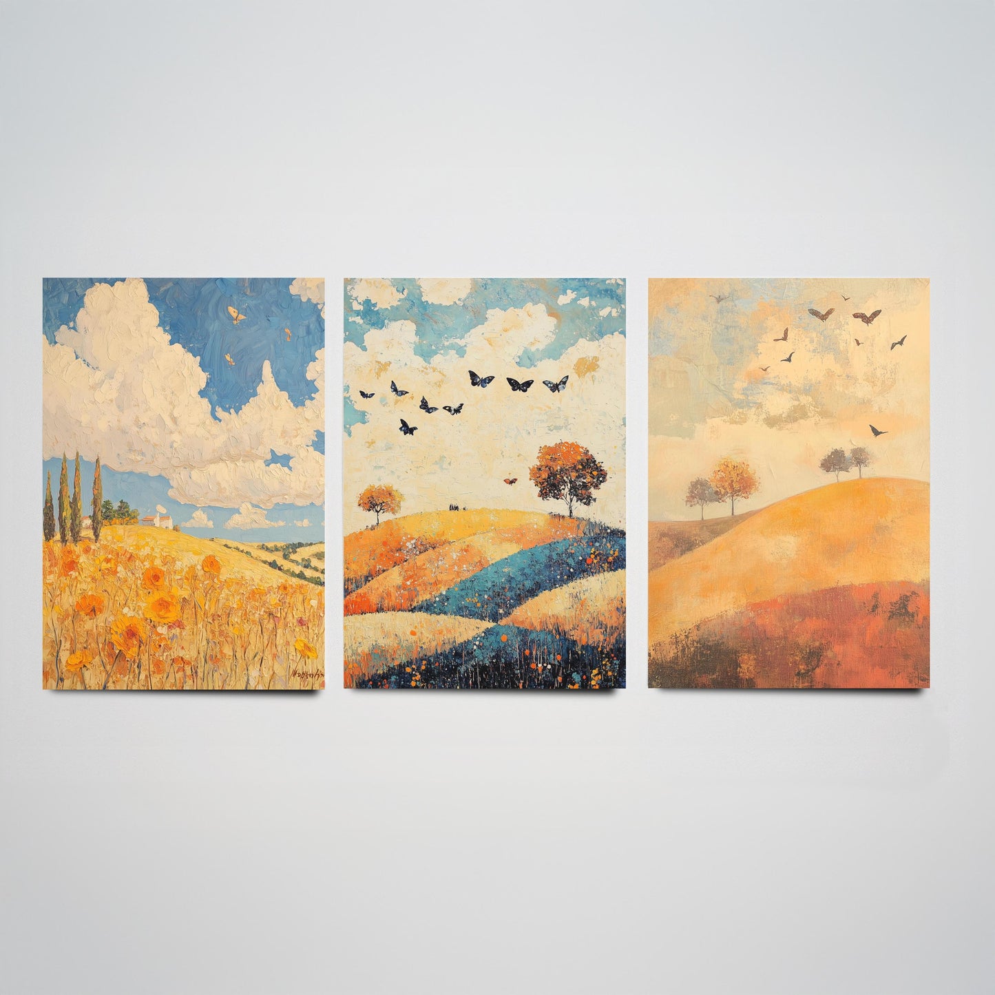Rolling Hills Butterfly Set of Three Art Prints - Cobalt Marmalade and Snowdrift - Folk Meadow Poster Illustration Gift