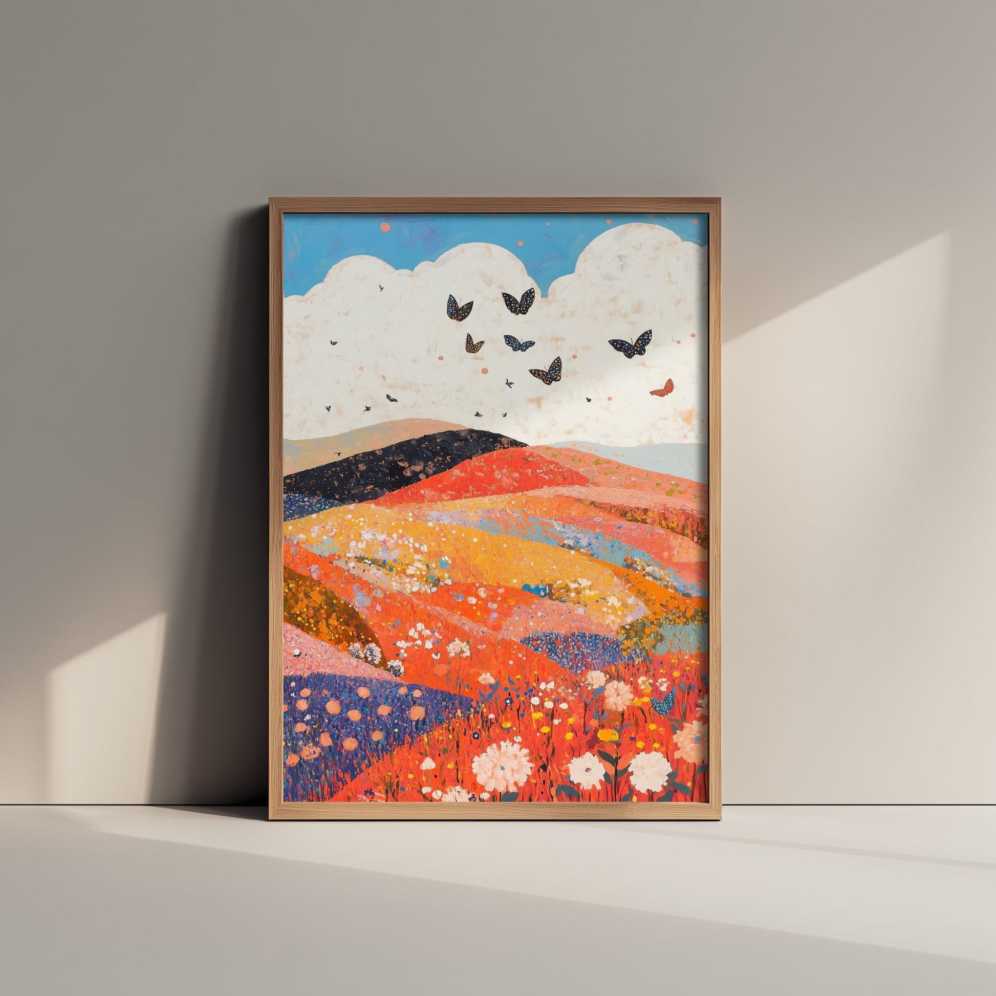 Rolling Hills Landscape Art Print - Butterfly Meadow Poster - Folk Art Painting - Coral Moss and Pebble 1/3