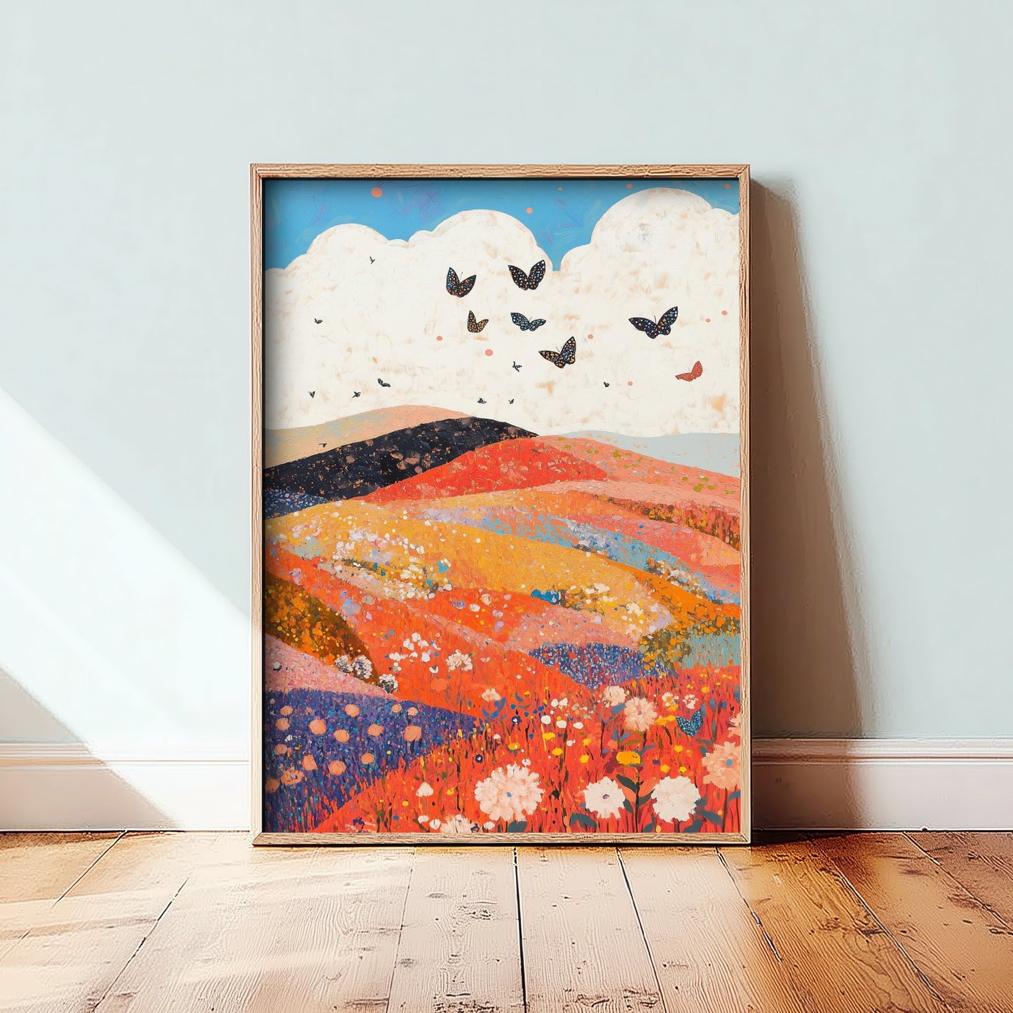 Rolling Hills Landscape Art Print - Butterfly Meadow Poster - Folk Art Painting - Coral Moss and Pebble 1/3