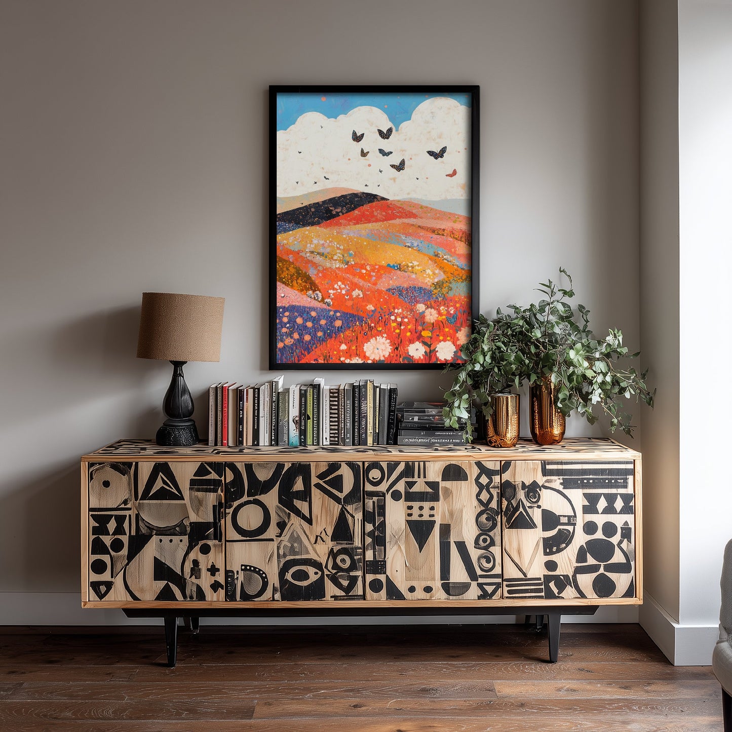 Rolling Hills Landscape Art Print - Butterfly Meadow Poster - Folk Art Painting - Coral Moss and Pebble 1/3