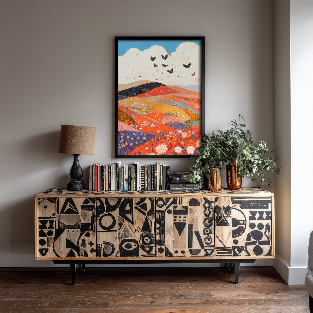 Rolling Hills Landscape Art Print - Butterfly Meadow Poster - Folk Art Painting - Coral Moss and Pebble 1/3