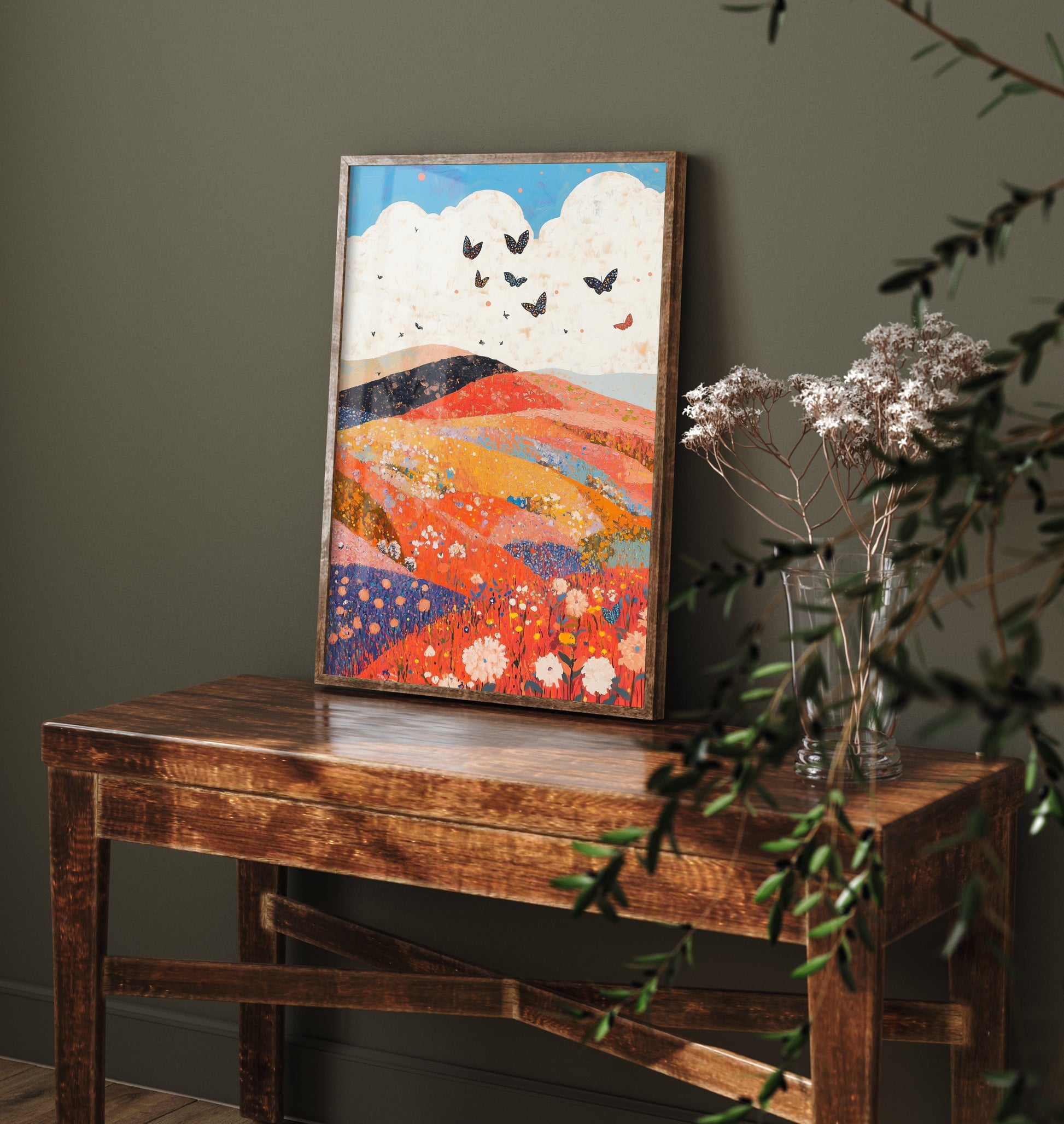 Rolling Hills Landscape Art Print - Butterfly Meadow Poster - Folk Art Painting - Coral Moss and Pebble 1/3