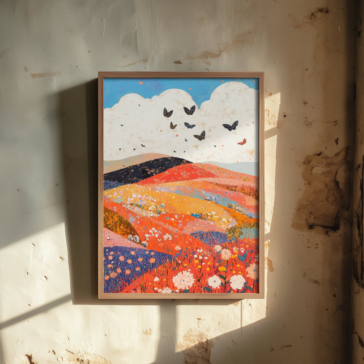 Rolling Hills Landscape Art Print - Butterfly Meadow Poster - Folk Art Painting - Coral Moss and Pebble 1/3