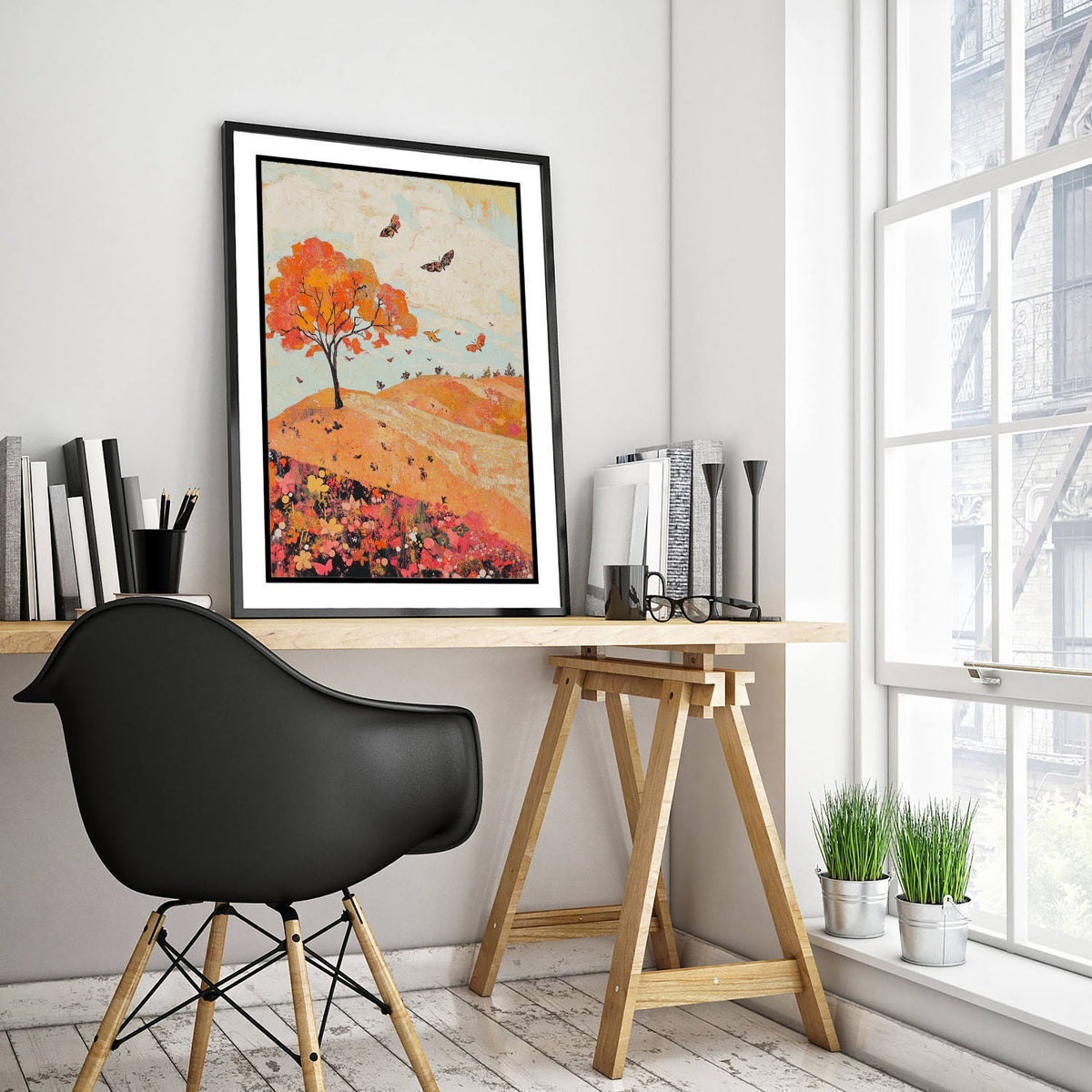 Rolling Hills Landscape Art Print - Butterfly Meadow Poster - Folk Art Painting - Coral Moss and Pebble 2/3