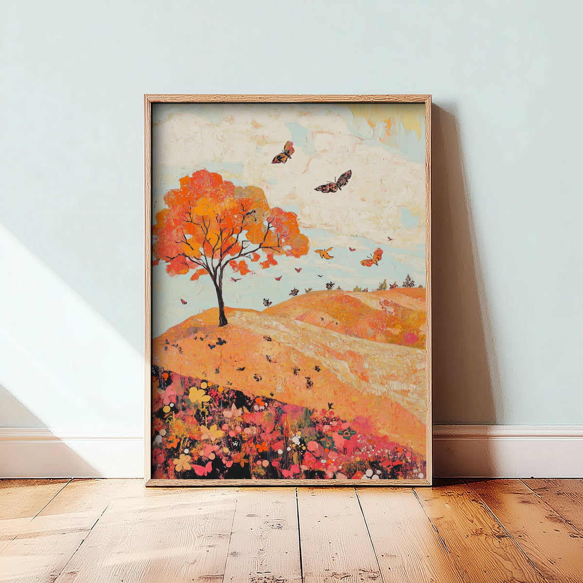 Rolling Hills Landscape Art Print - Butterfly Meadow Poster - Folk Art Painting - Coral Moss and Pebble 2/3