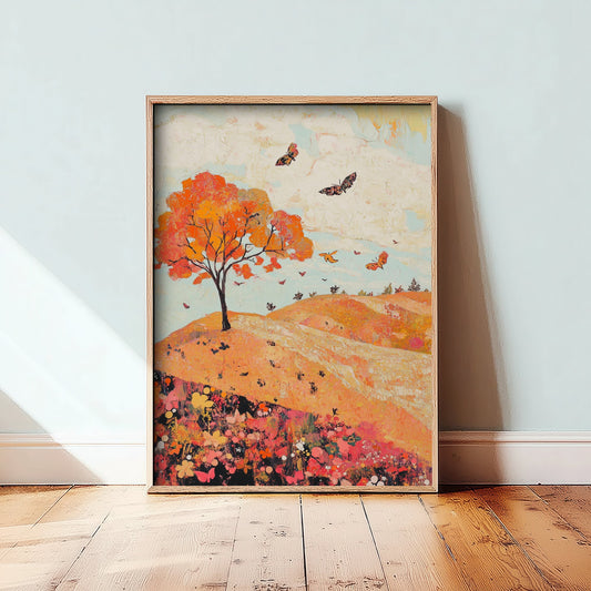 Rolling Hills Landscape Art Print - Butterfly Meadow Poster - Folk Art Painting - Coral Moss and Pebble 2/3