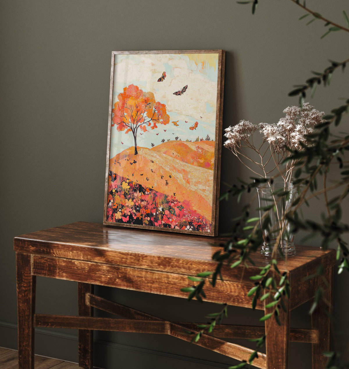 Rolling Hills Landscape Art Print - Butterfly Meadow Poster - Folk Art Painting - Coral Moss and Pebble 2/3
