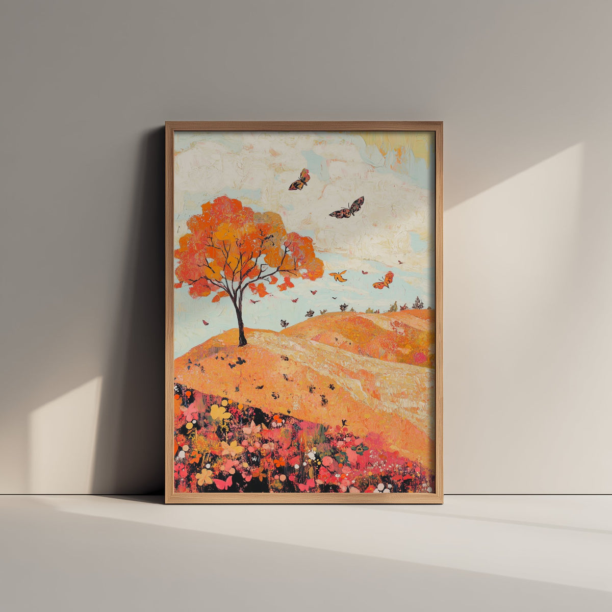 Rolling Hills Landscape Art Print - Butterfly Meadow Poster - Folk Art Painting - Coral Moss and Pebble 2/3