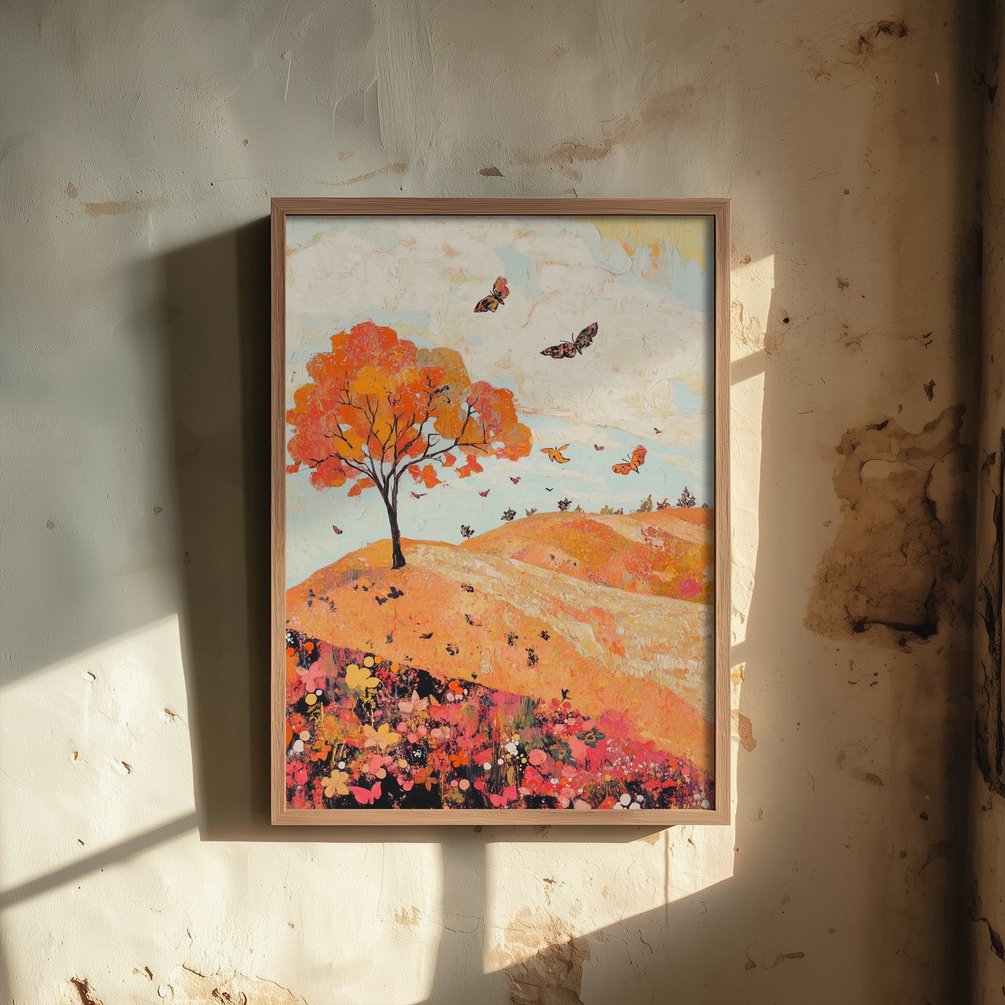 Rolling Hills Landscape Art Print - Butterfly Meadow Poster - Folk Art Painting - Coral Moss and Pebble 2/3