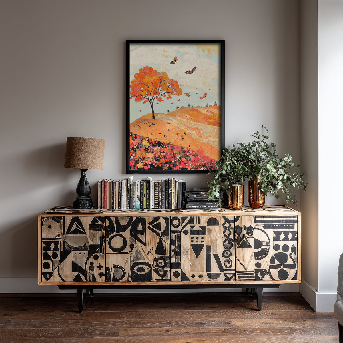 Rolling Hills Landscape Art Print - Butterfly Meadow Poster - Folk Art Painting - Coral Moss and Pebble 2/3