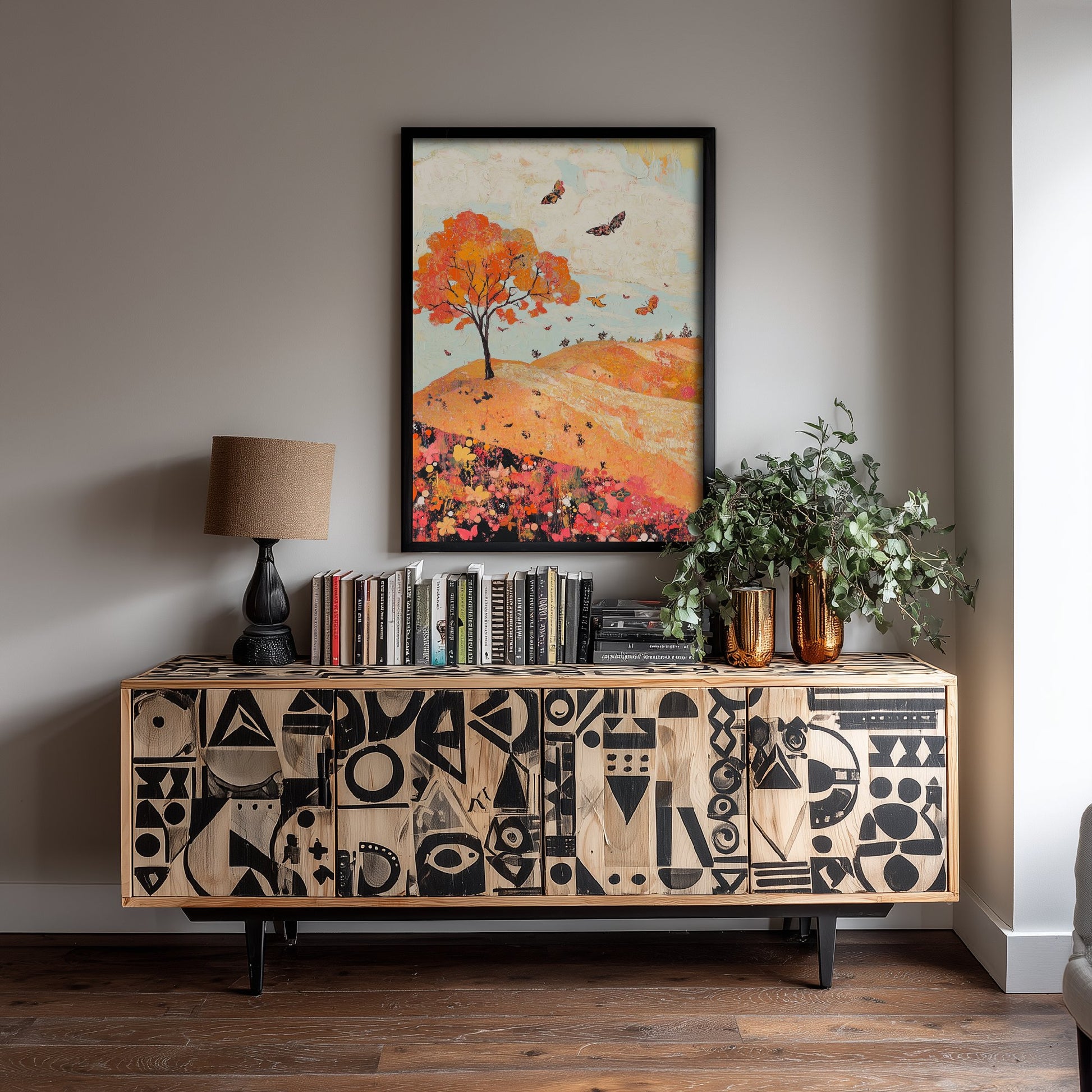 Rolling Hills Landscape Art Print - Butterfly Meadow Poster - Folk Art Painting - Coral Moss and Pebble 2/3