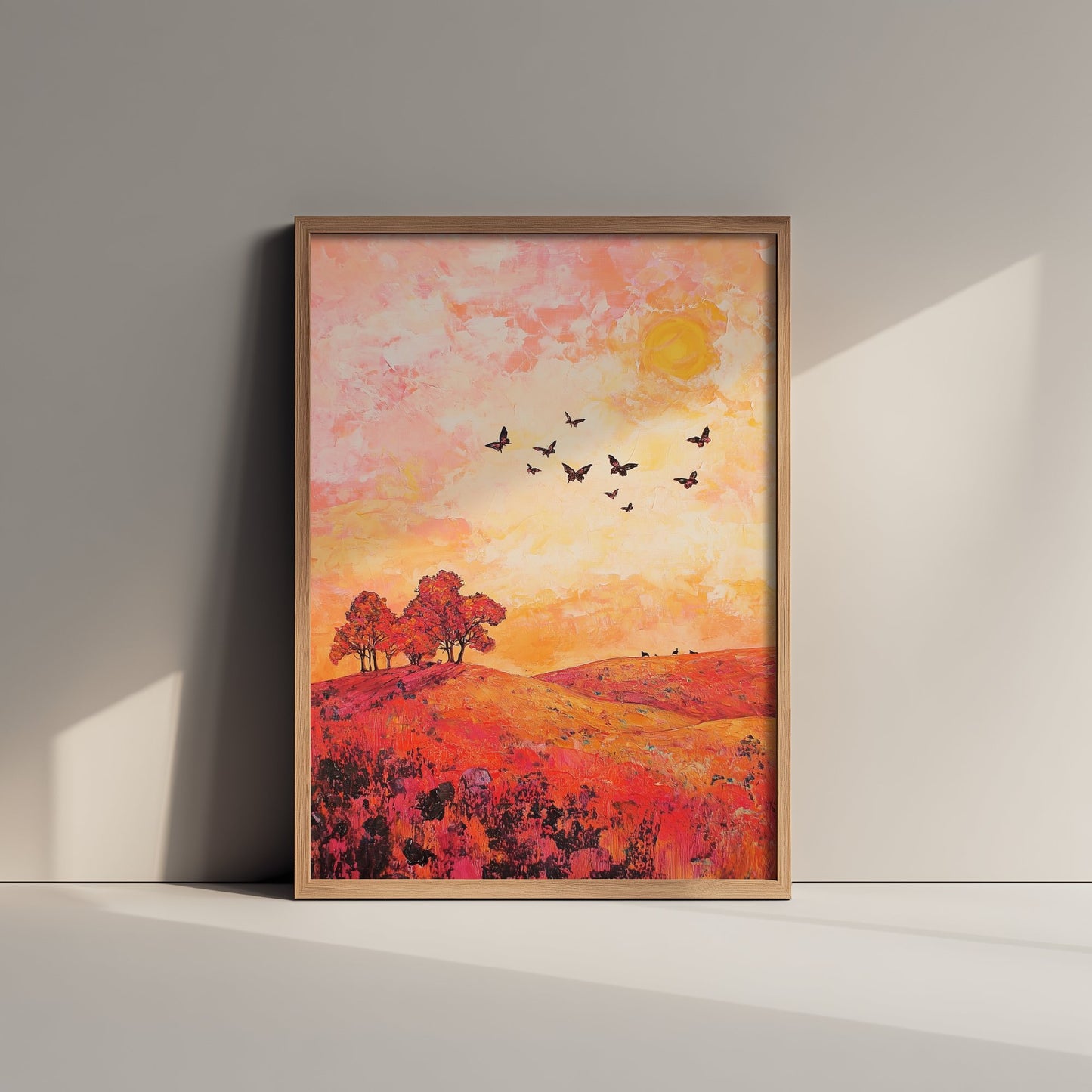 Rolling Hills Landscape Art Print - Butterfly Meadow Poster - Folk Art Painting - Coral Moss and Pebble 3/3