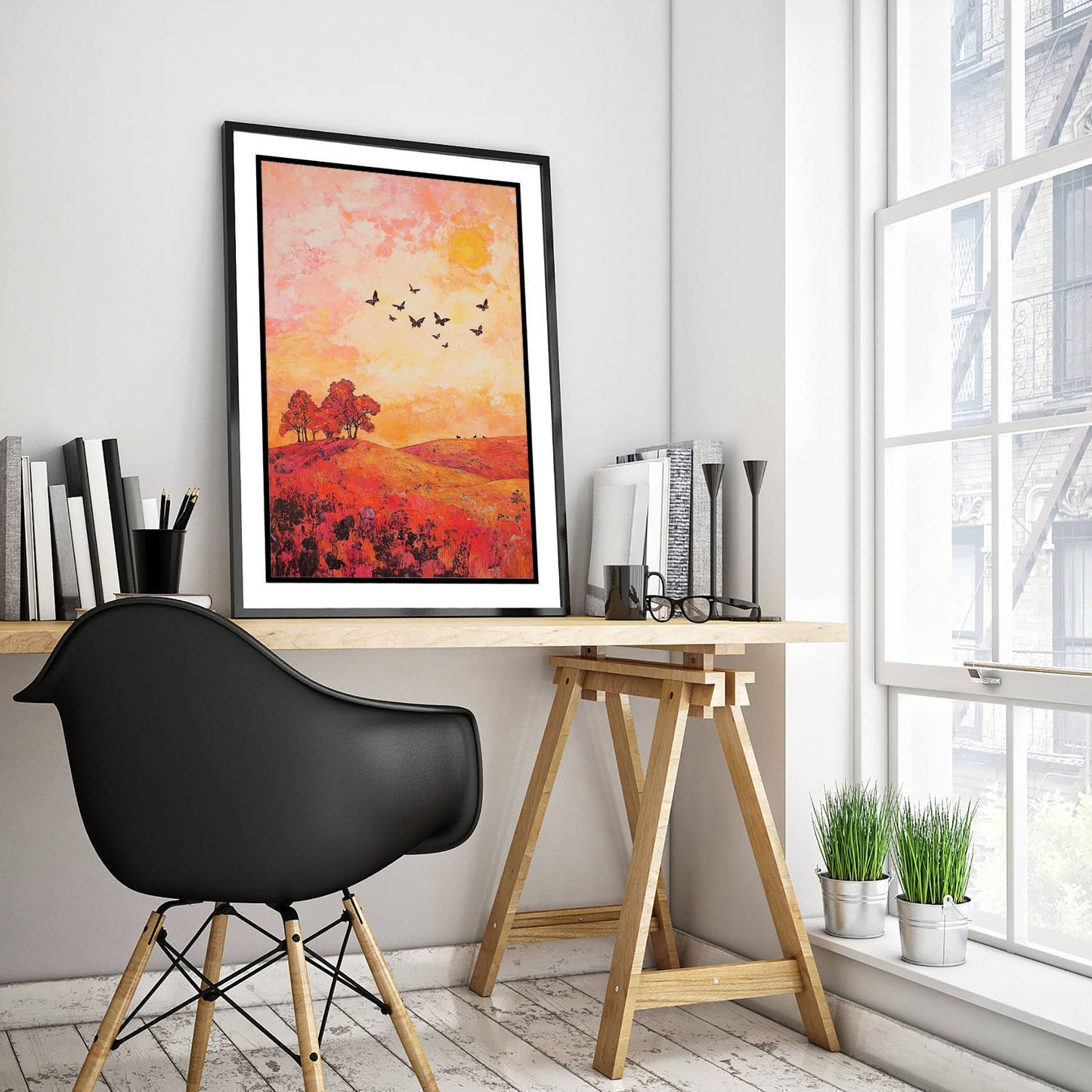 Rolling Hills Landscape Art Print - Butterfly Meadow Poster - Folk Art Painting - Coral Moss and Pebble 3/3