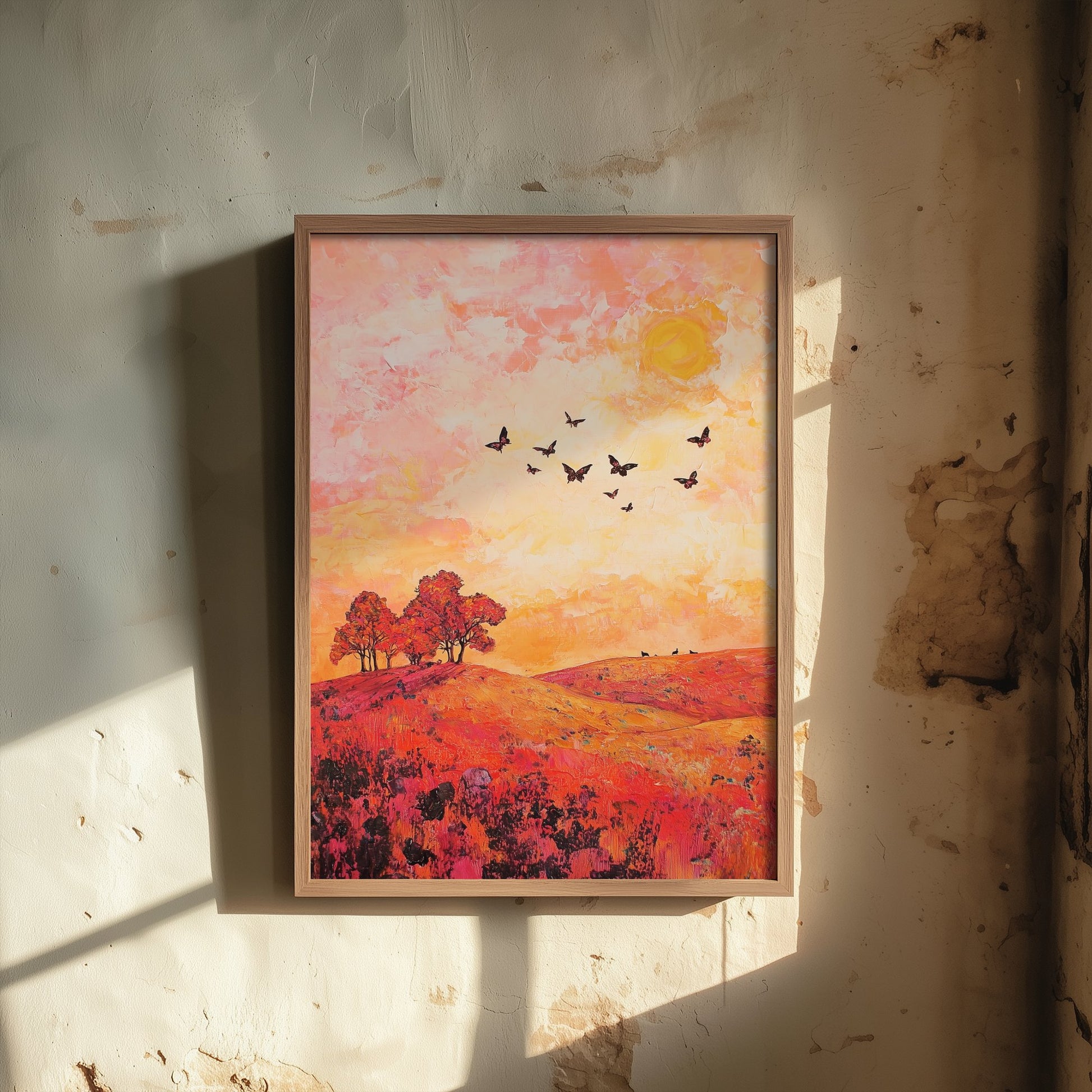 Rolling Hills Landscape Art Print - Butterfly Meadow Poster - Folk Art Painting - Coral Moss and Pebble 3/3
