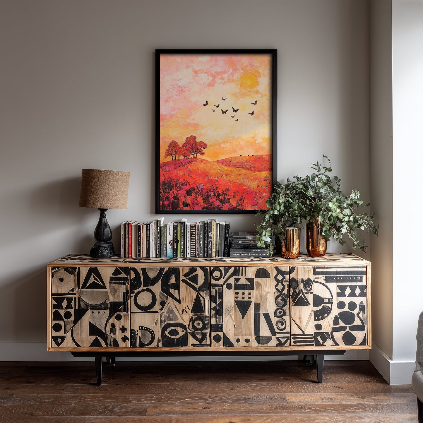 Rolling Hills Landscape Art Print - Butterfly Meadow Poster - Folk Art Painting - Coral Moss and Pebble 3/3