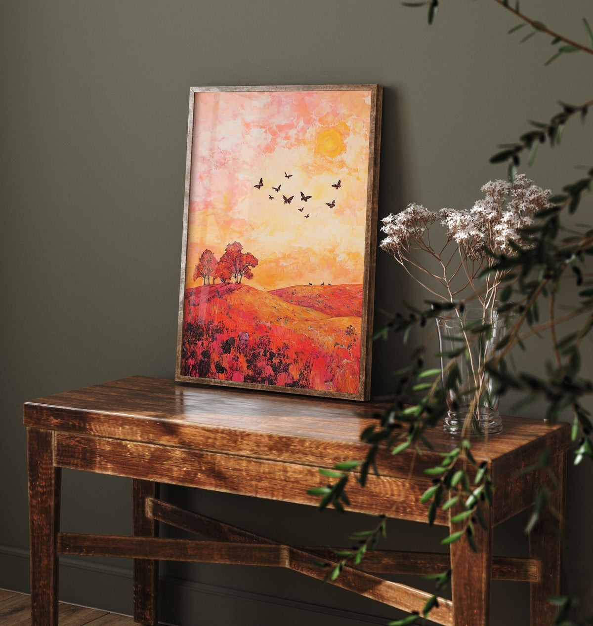 Rolling Hills Landscape Art Print - Butterfly Meadow Poster - Folk Art Painting - Coral Moss and Pebble 3/3