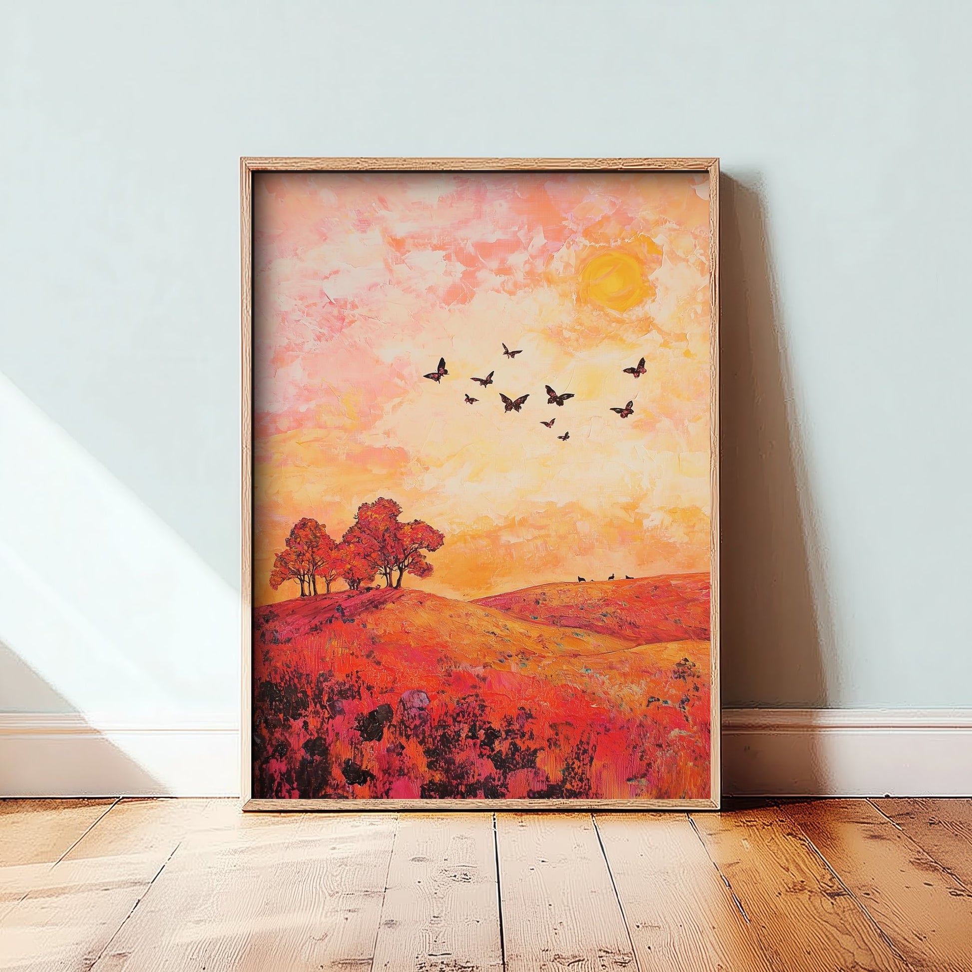 Rolling Hills Landscape Art Print - Butterfly Meadow Poster - Folk Art Painting - Coral Moss and Pebble 3/3