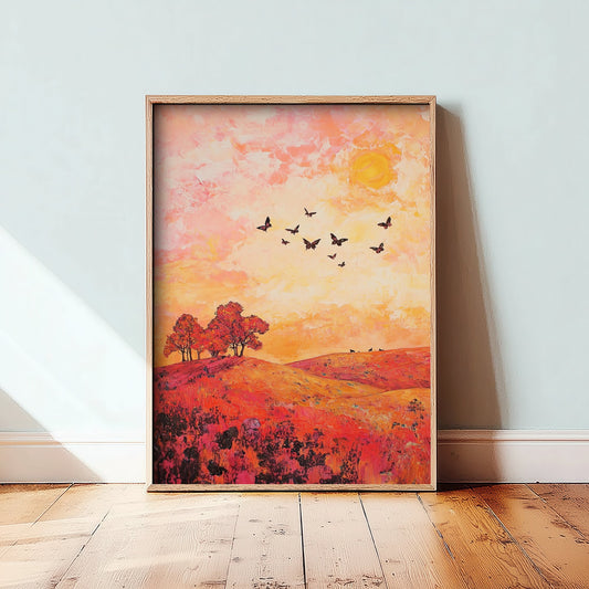 Rolling Hills Landscape Art Print - Butterfly Meadow Poster - Folk Art Painting - Coral Moss and Pebble 3/3
