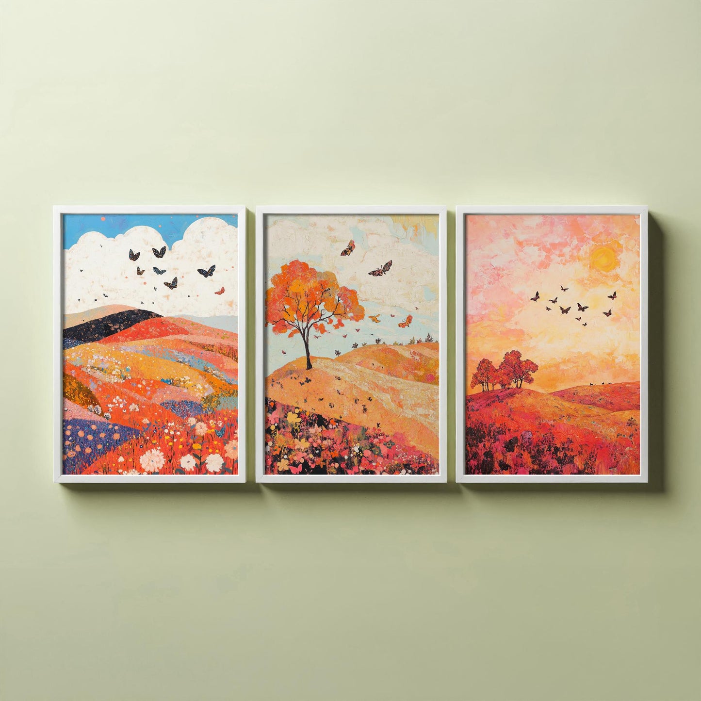 Rolling Hills Butterfly Set of Three Art Prints - Coral Moss and Pebble - Folk Meadow Poster Illustration Gift