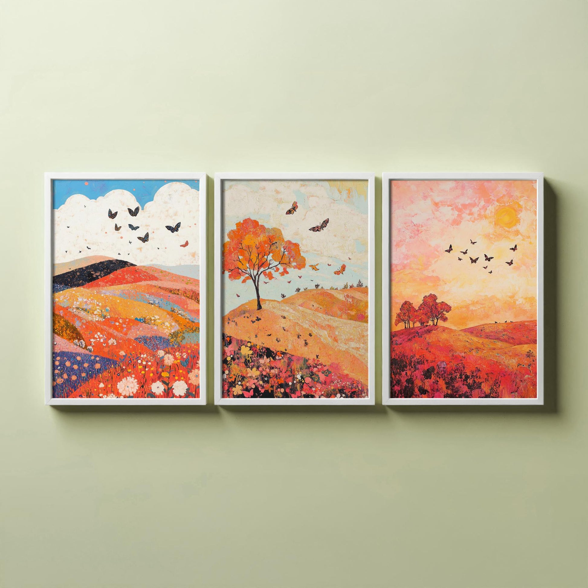 Rolling Hills Butterfly Set of Three Art Prints - Coral Moss and Pebble - Folk Meadow Poster Illustration Gift
