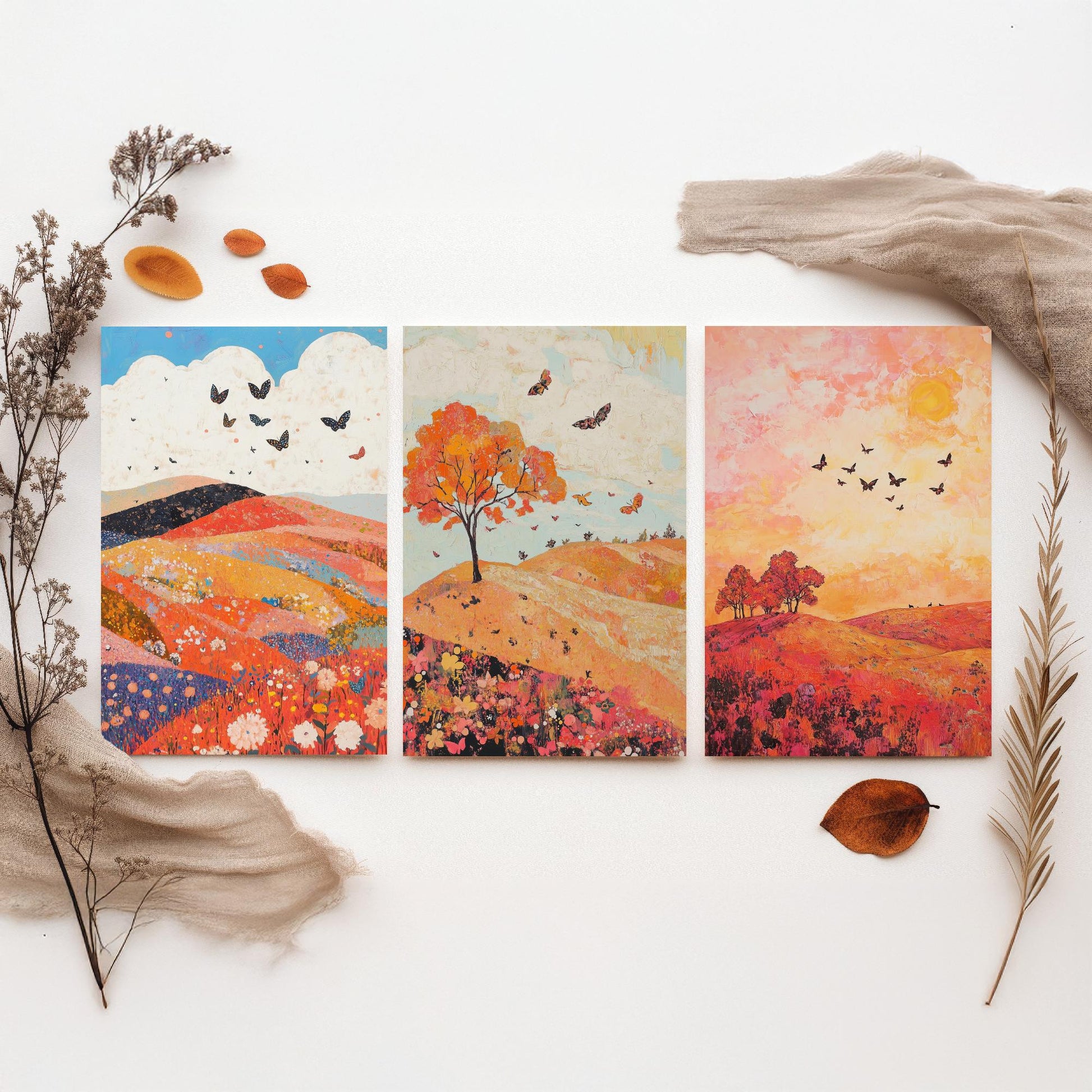 Rolling Hills Butterfly Set of Three Art Prints - Coral Moss and Pebble - Folk Meadow Poster Illustration Gift