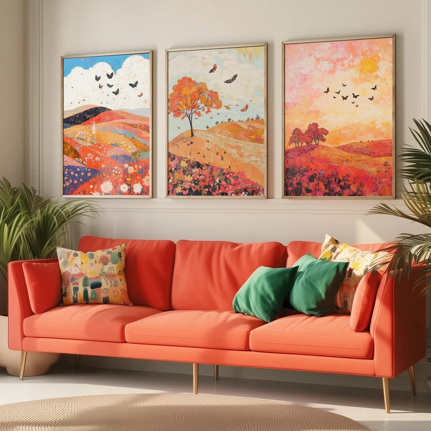 Rolling Hills Butterfly Set of Three Art Prints - Coral Moss and Pebble - Folk Meadow Poster Illustration Gift