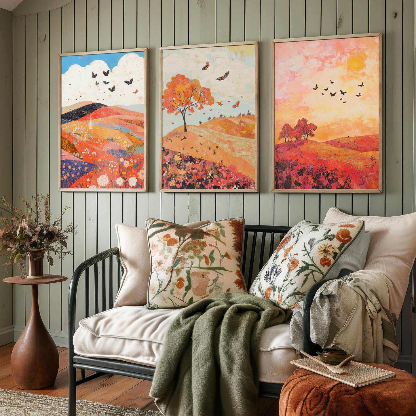 Rolling Hills Butterfly Set of Three Art Prints - Coral Moss and Pebble - Folk Meadow Poster Illustration Gift