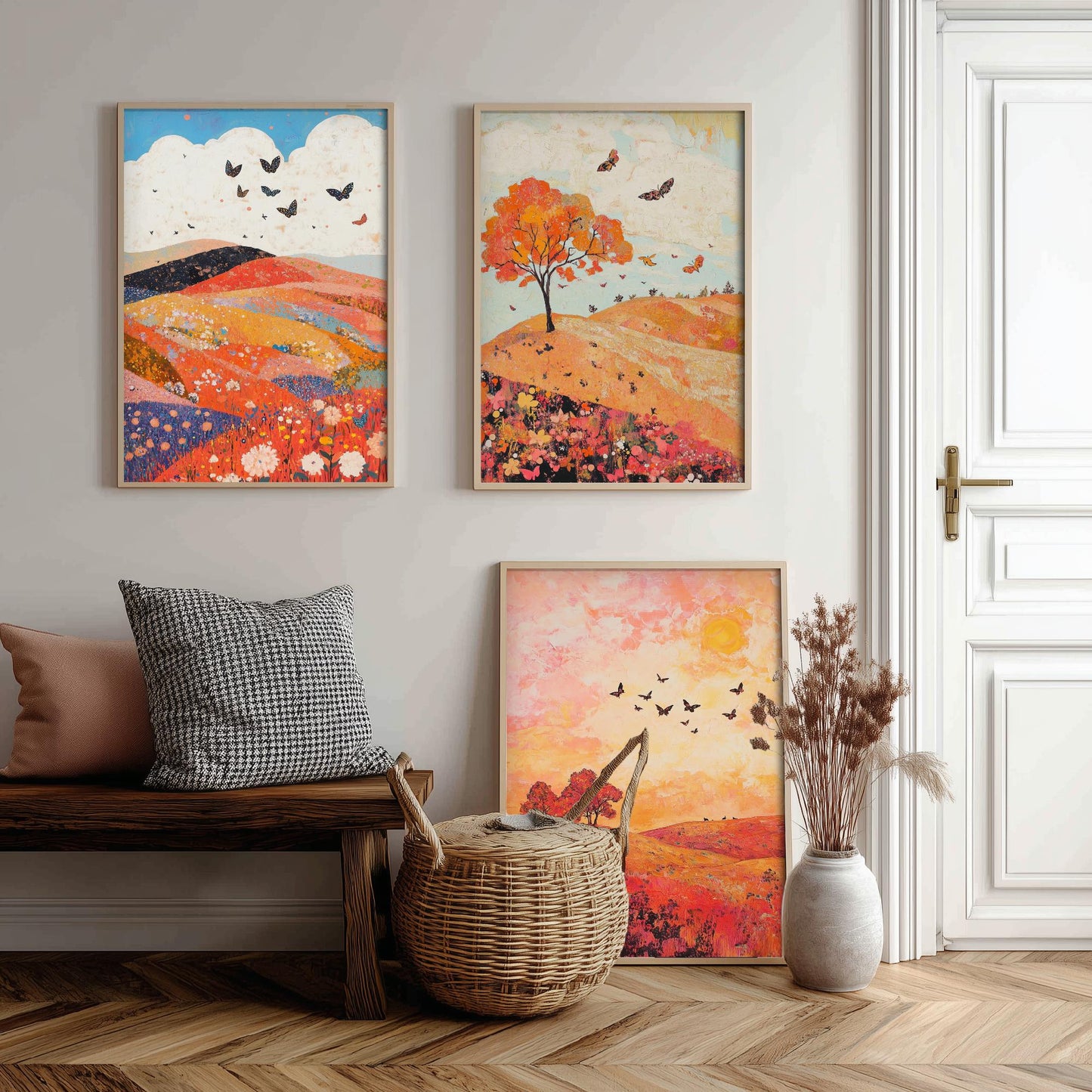 Rolling Hills Butterfly Set of Three Art Prints - Coral Moss and Pebble - Folk Meadow Poster Illustration Gift