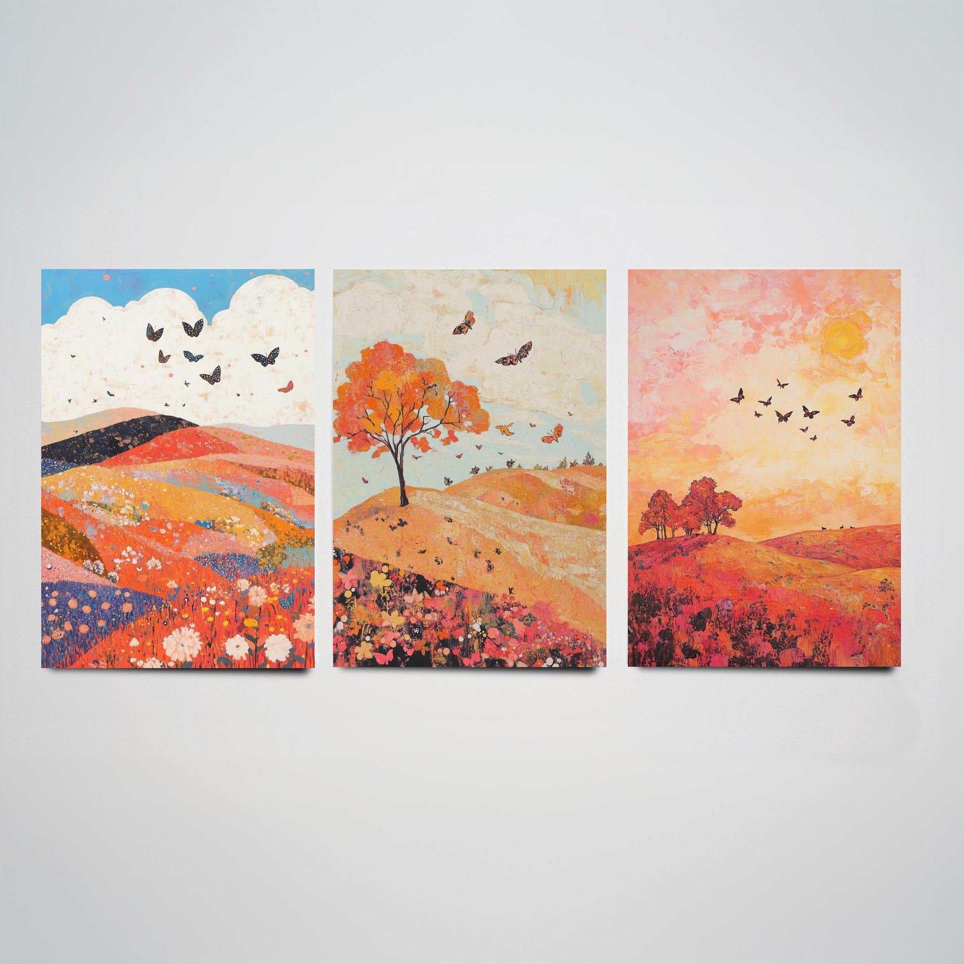 Rolling Hills Butterfly Set of Three Art Prints - Coral Moss and Pebble - Folk Meadow Poster Illustration Gift