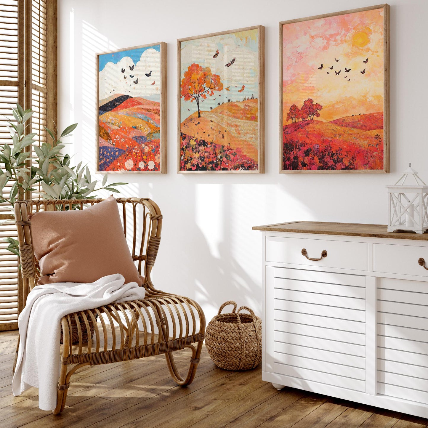 Rolling Hills Butterfly Set of Three Art Prints - Coral Moss and Pebble - Folk Meadow Poster Illustration Gift