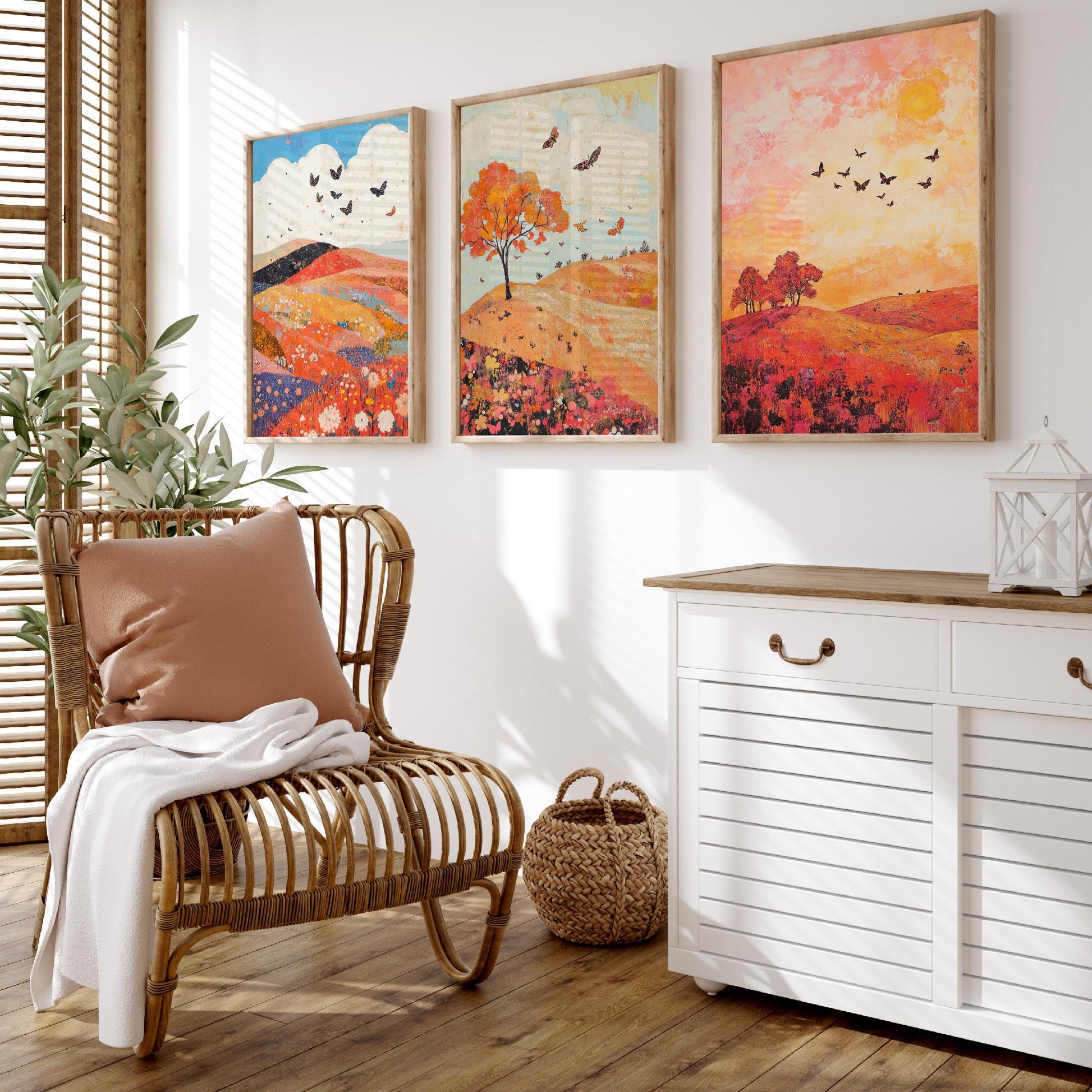 Rolling Hills Butterfly Set of Three Art Prints - Coral Moss and Pebble - Folk Meadow Poster Illustration Gift