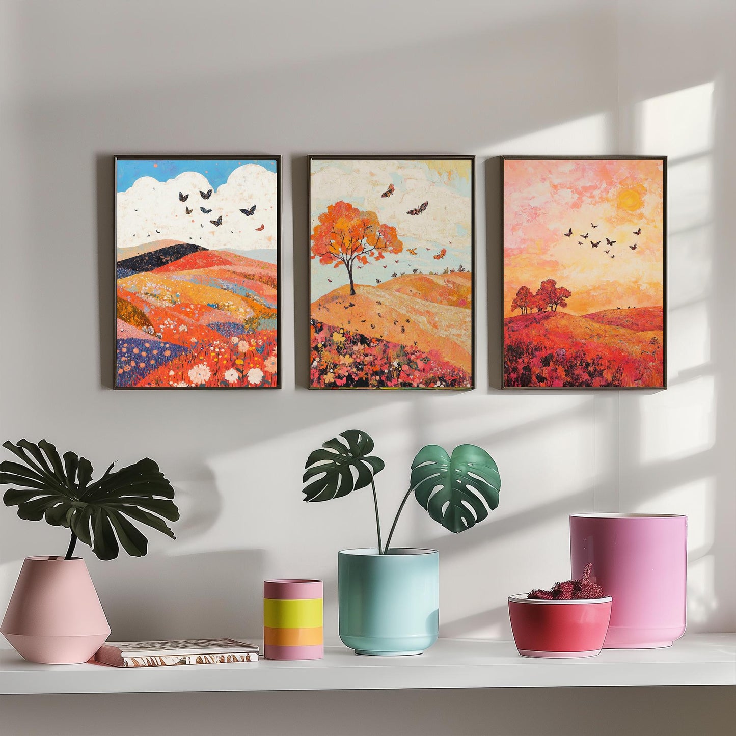 Rolling Hills Butterfly Set of Three Art Prints - Coral Moss and Pebble - Folk Meadow Poster Illustration Gift