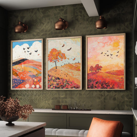 Rolling Hills Butterfly Set of Three Art Prints - Coral Moss and Pebble - Folk Meadow Poster Illustration Gift