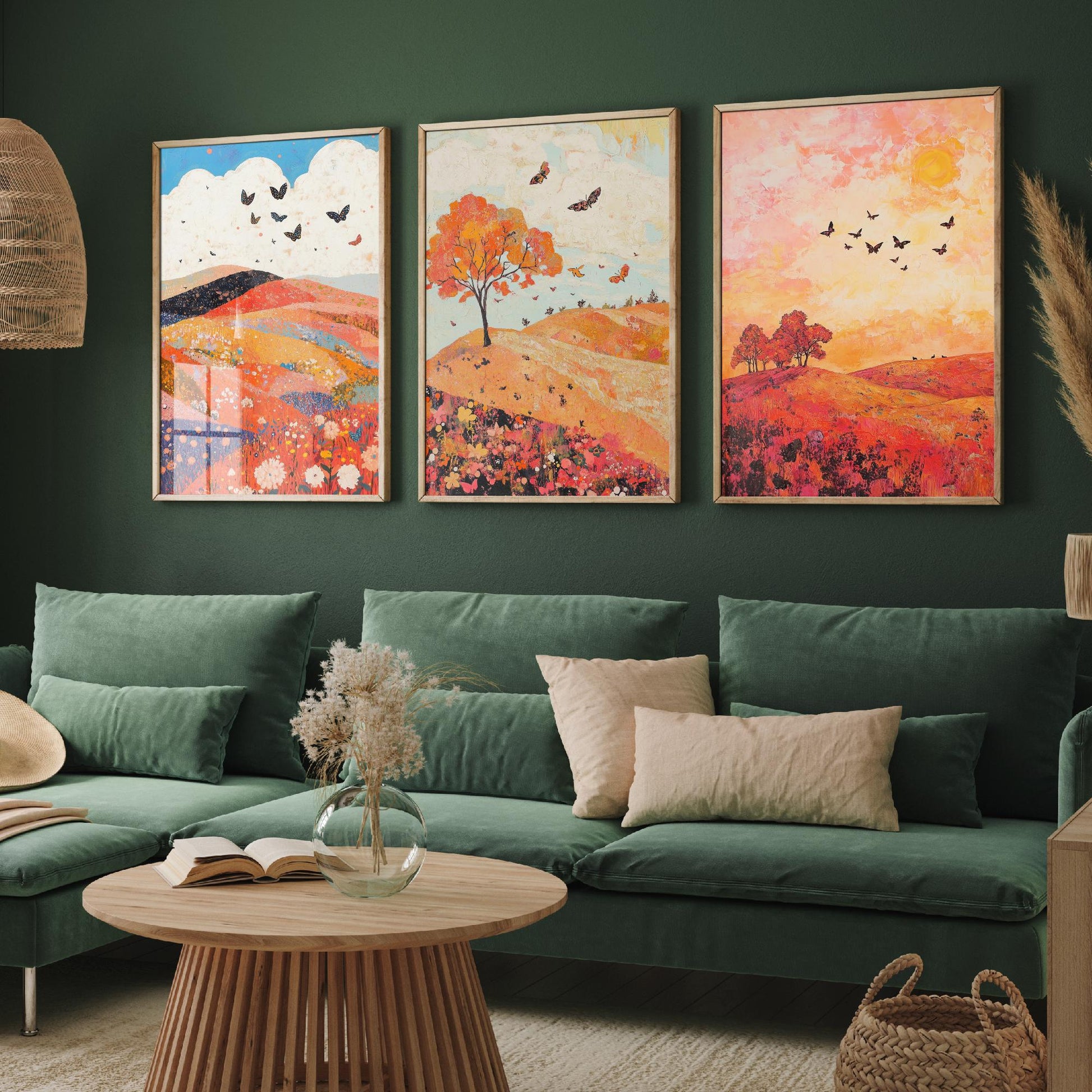 Rolling Hills Butterfly Set of Three Art Prints - Coral Moss and Pebble - Folk Meadow Poster Illustration Gift