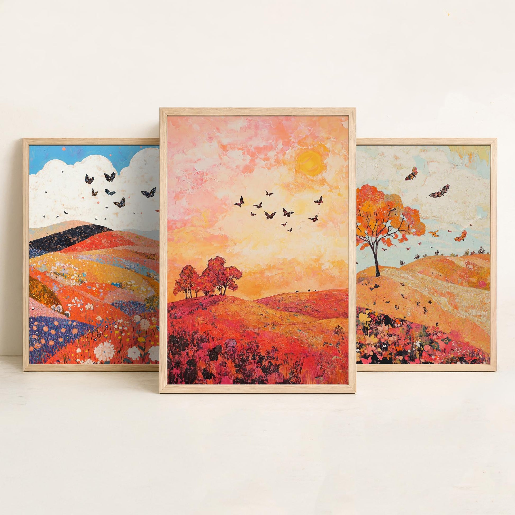 Rolling Hills Butterfly Set of Three Art Prints - Coral Moss and Pebble - Folk Meadow Poster Illustration Gift