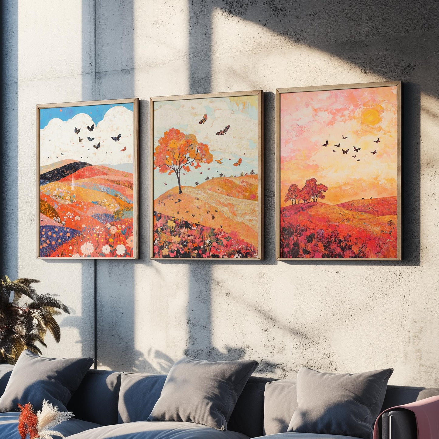 Rolling Hills Butterfly Set of Three Art Prints - Coral Moss and Pebble - Folk Meadow Poster Illustration Gift