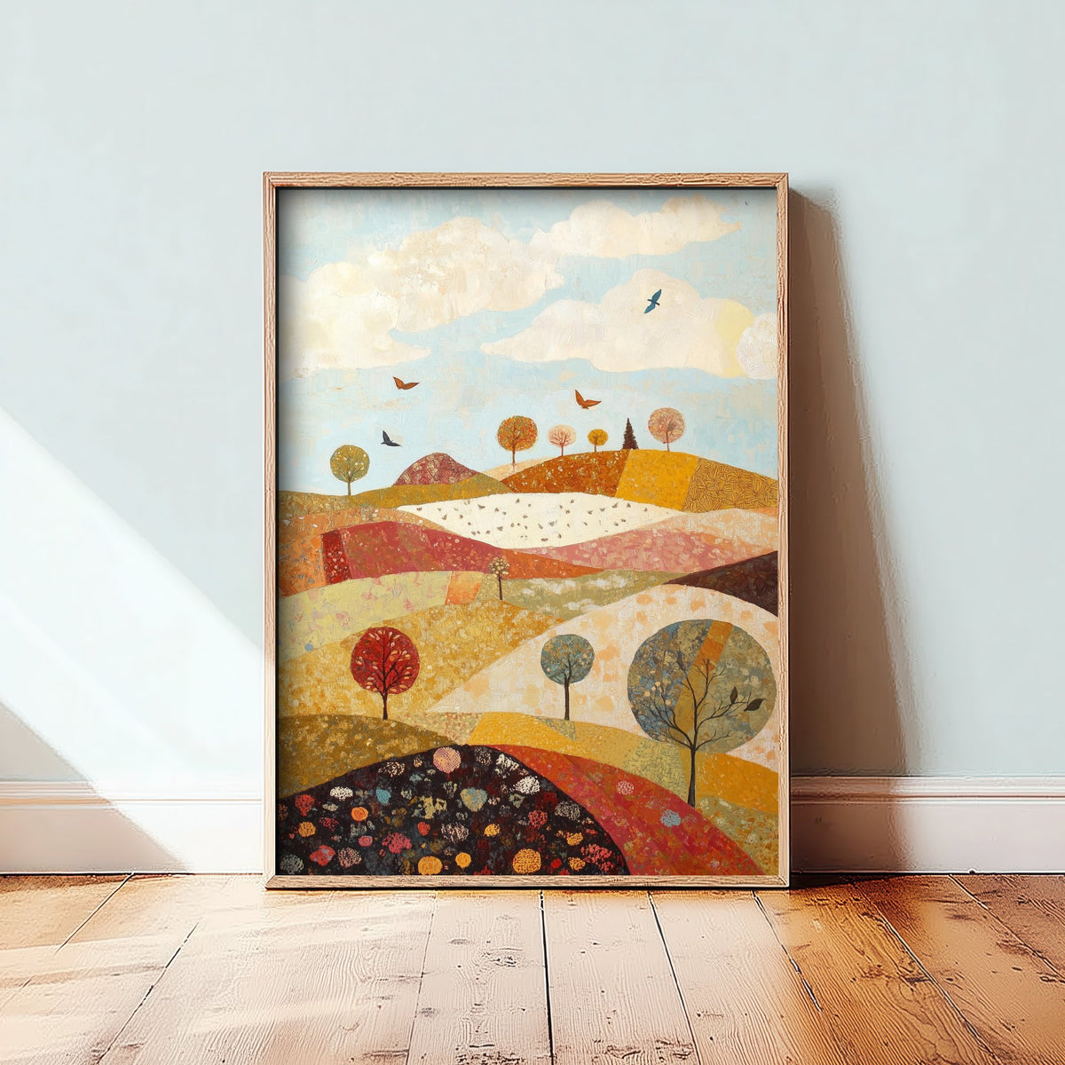 Rolling Hills Landscape Art Print - Butterfly Meadow Poster - Folk Art Painting - Cranberry Pistachio and Chalk 1/3