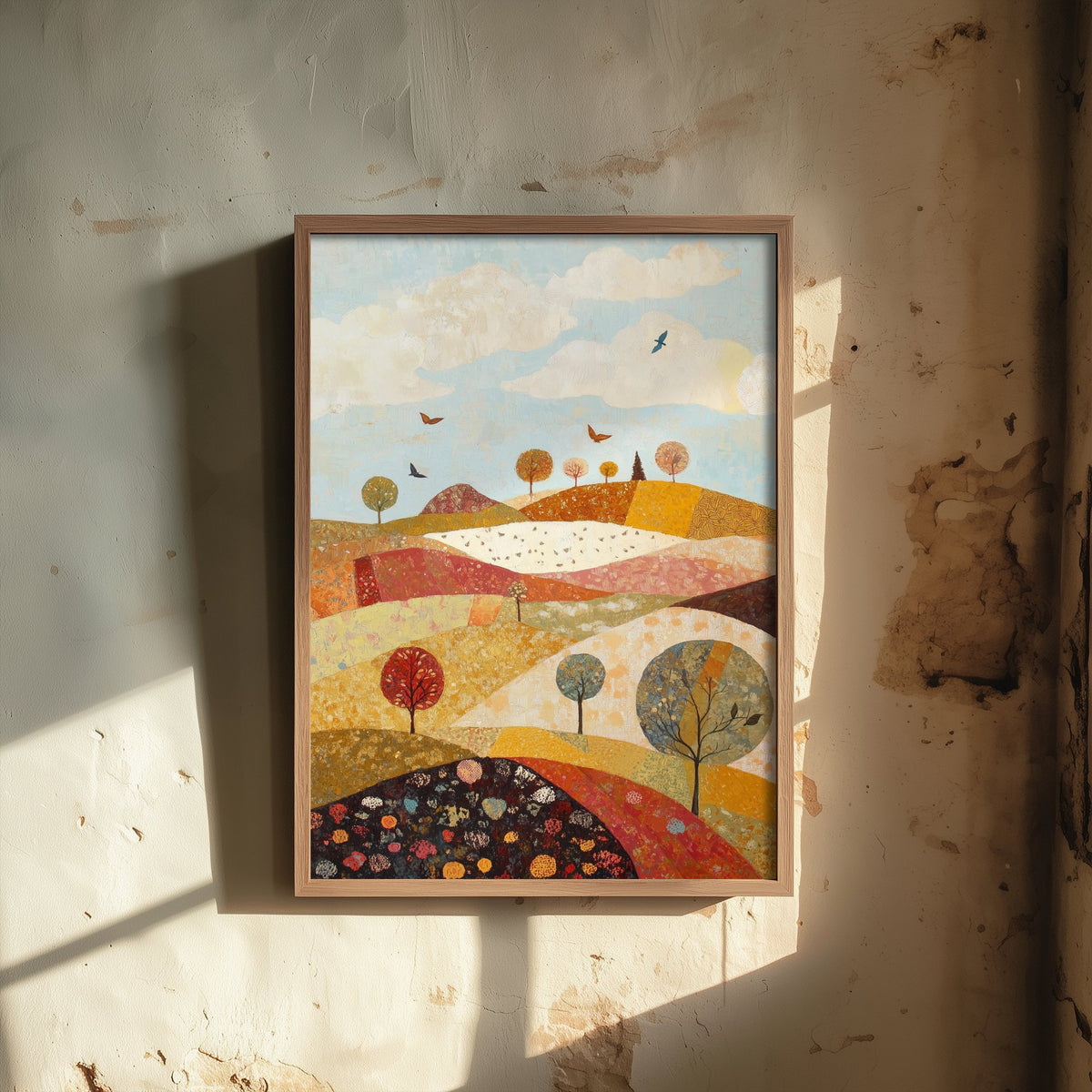 Rolling Hills Landscape Art Print - Butterfly Meadow Poster - Folk Art Painting - Cranberry Pistachio and Chalk 1/3