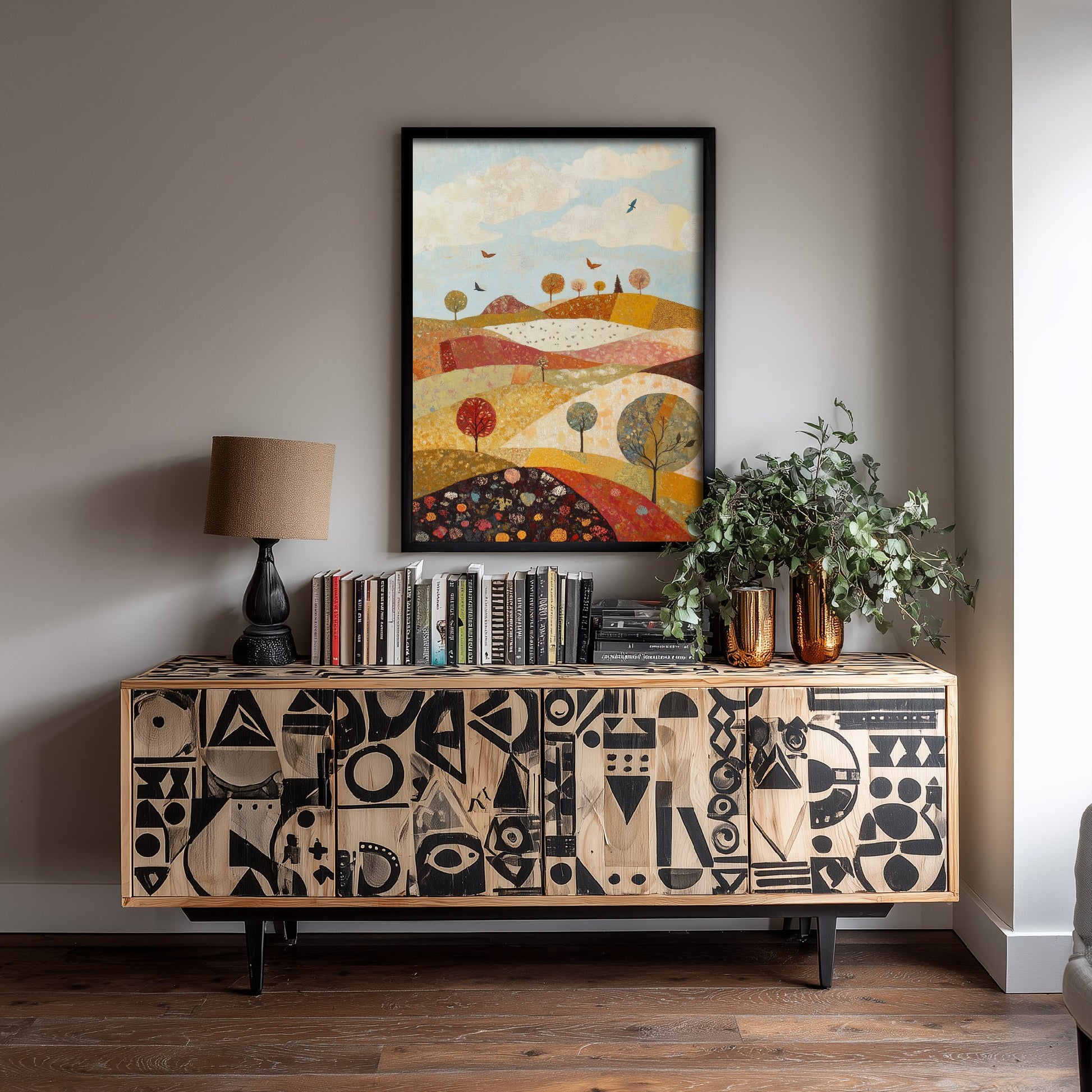 Rolling Hills Landscape Art Print - Butterfly Meadow Poster - Folk Art Painting - Cranberry Pistachio and Chalk 1/3