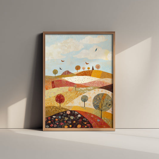 Rolling Hills Landscape Art Print - Butterfly Meadow Poster - Folk Art Painting - Cranberry Pistachio and Chalk 1/3