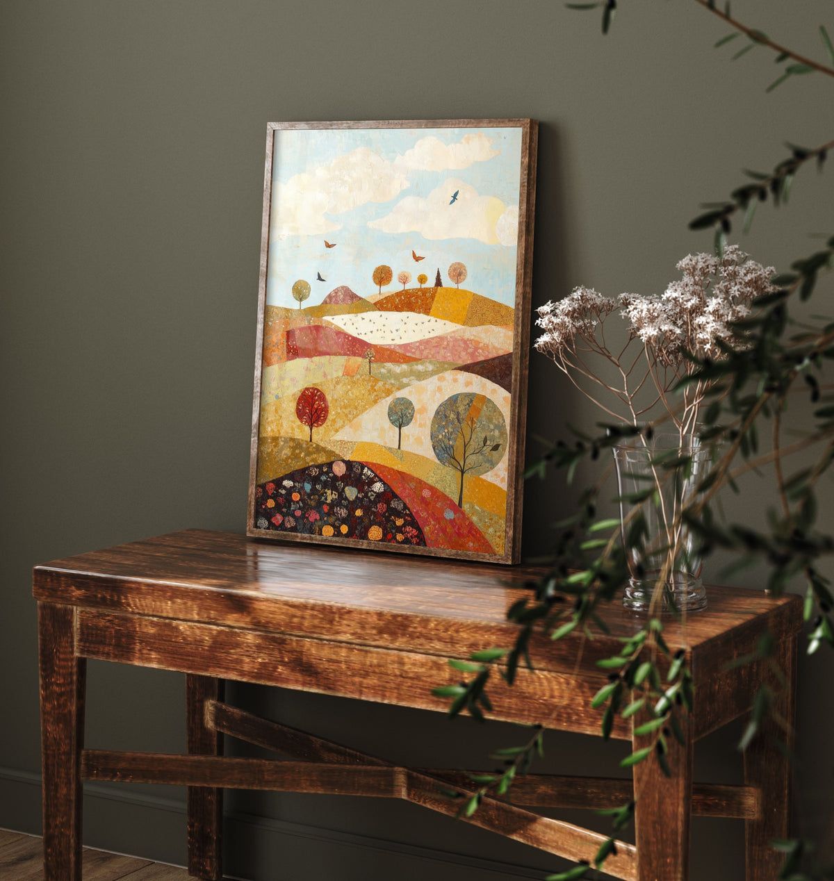 Rolling Hills Landscape Art Print - Butterfly Meadow Poster - Folk Art Painting - Cranberry Pistachio and Chalk 1/3