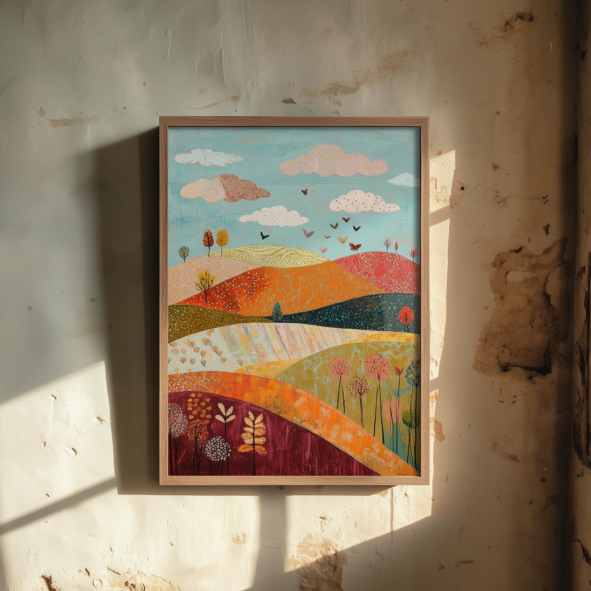 Rolling Hills Landscape Art Print - Butterfly Meadow Poster - Folk Art Painting - Cranberry Pistachio and Chalk 2/3