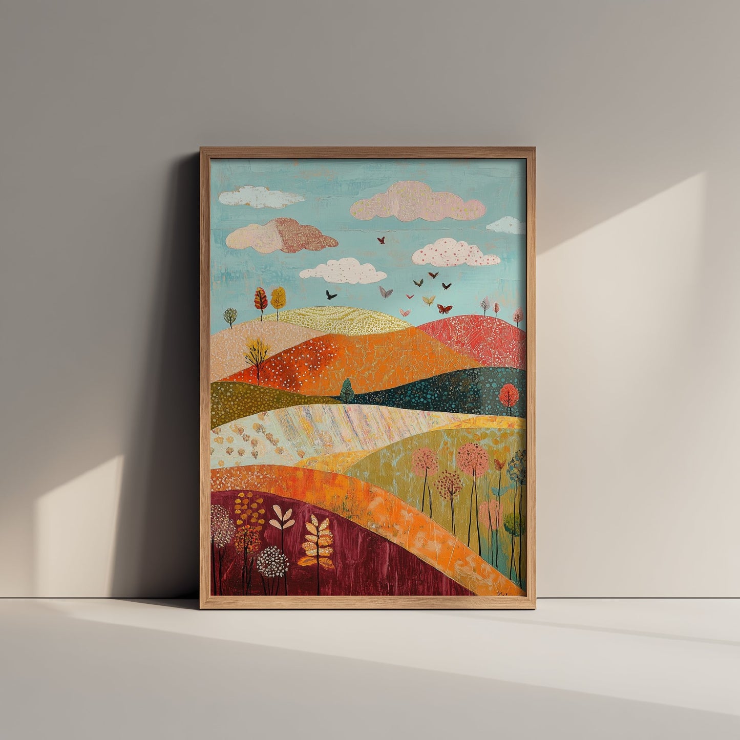 Rolling Hills Landscape Art Print - Butterfly Meadow Poster - Folk Art Painting - Cranberry Pistachio and Chalk 2/3