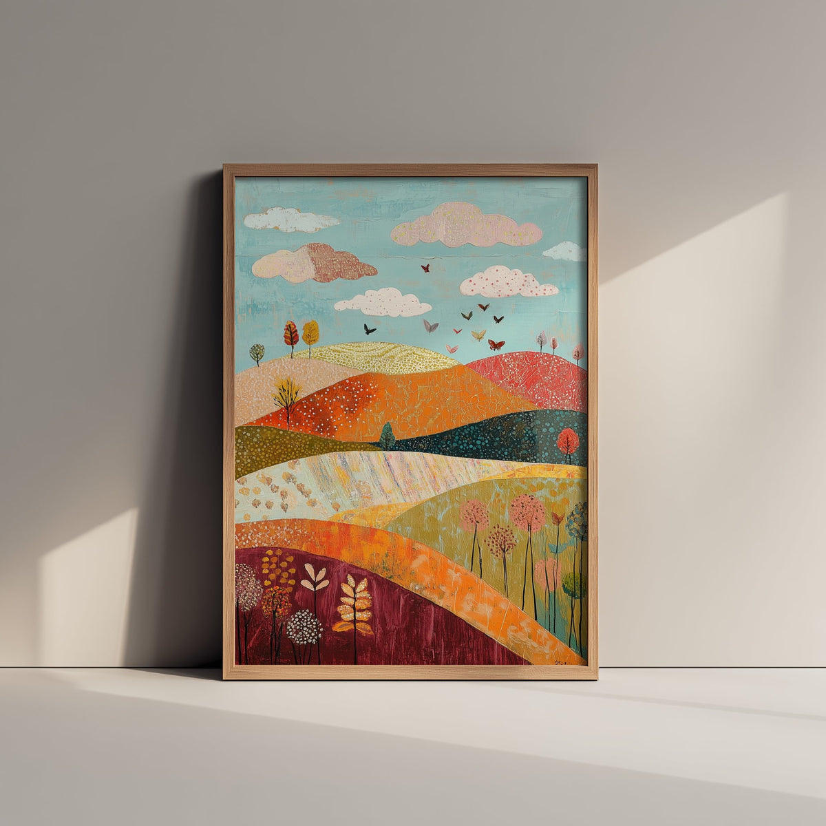Rolling Hills Landscape Art Print - Butterfly Meadow Poster - Folk Art Painting - Cranberry Pistachio and Chalk 2/3