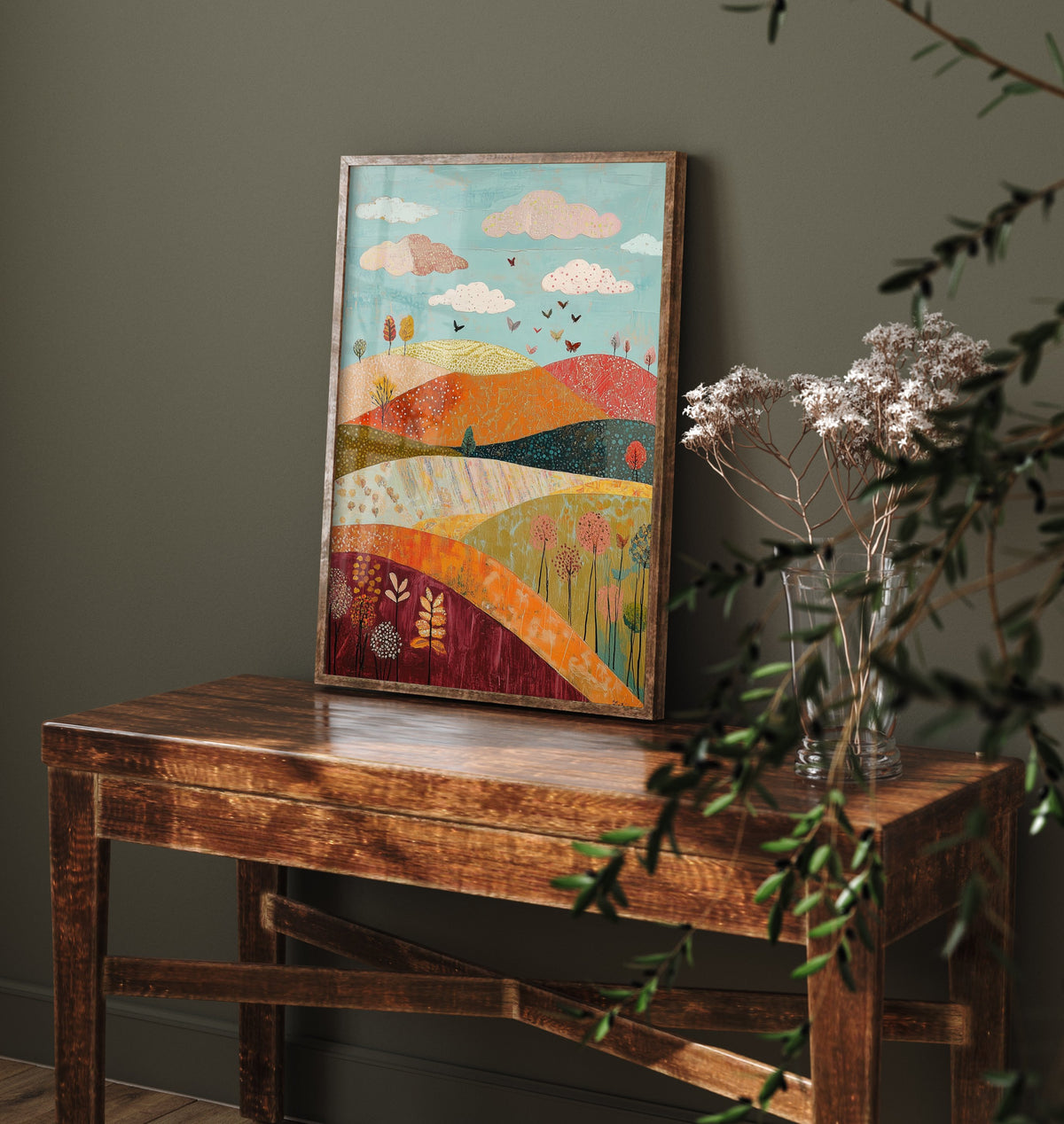 Rolling Hills Landscape Art Print - Butterfly Meadow Poster - Folk Art Painting - Cranberry Pistachio and Chalk 2/3