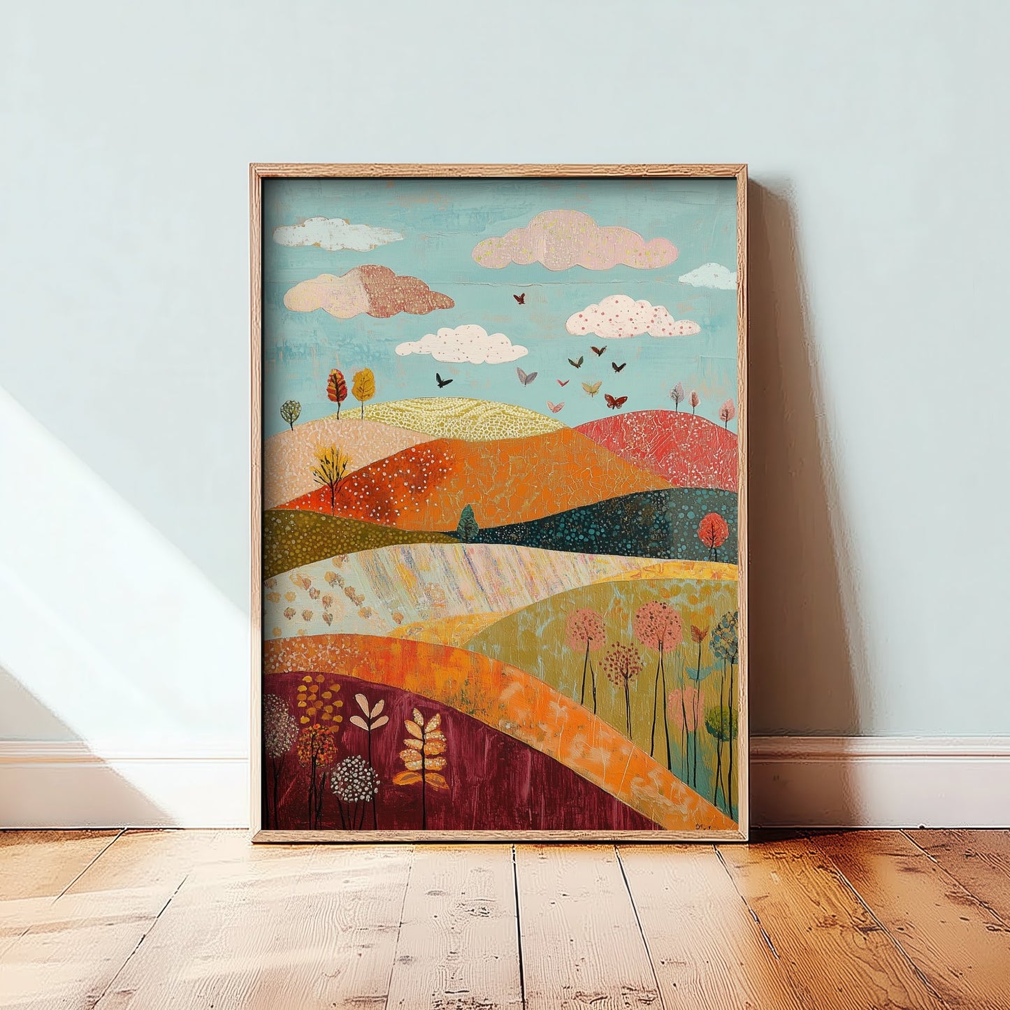 Rolling Hills Landscape Art Print - Butterfly Meadow Poster - Folk Art Painting - Cranberry Pistachio and Chalk 2/3