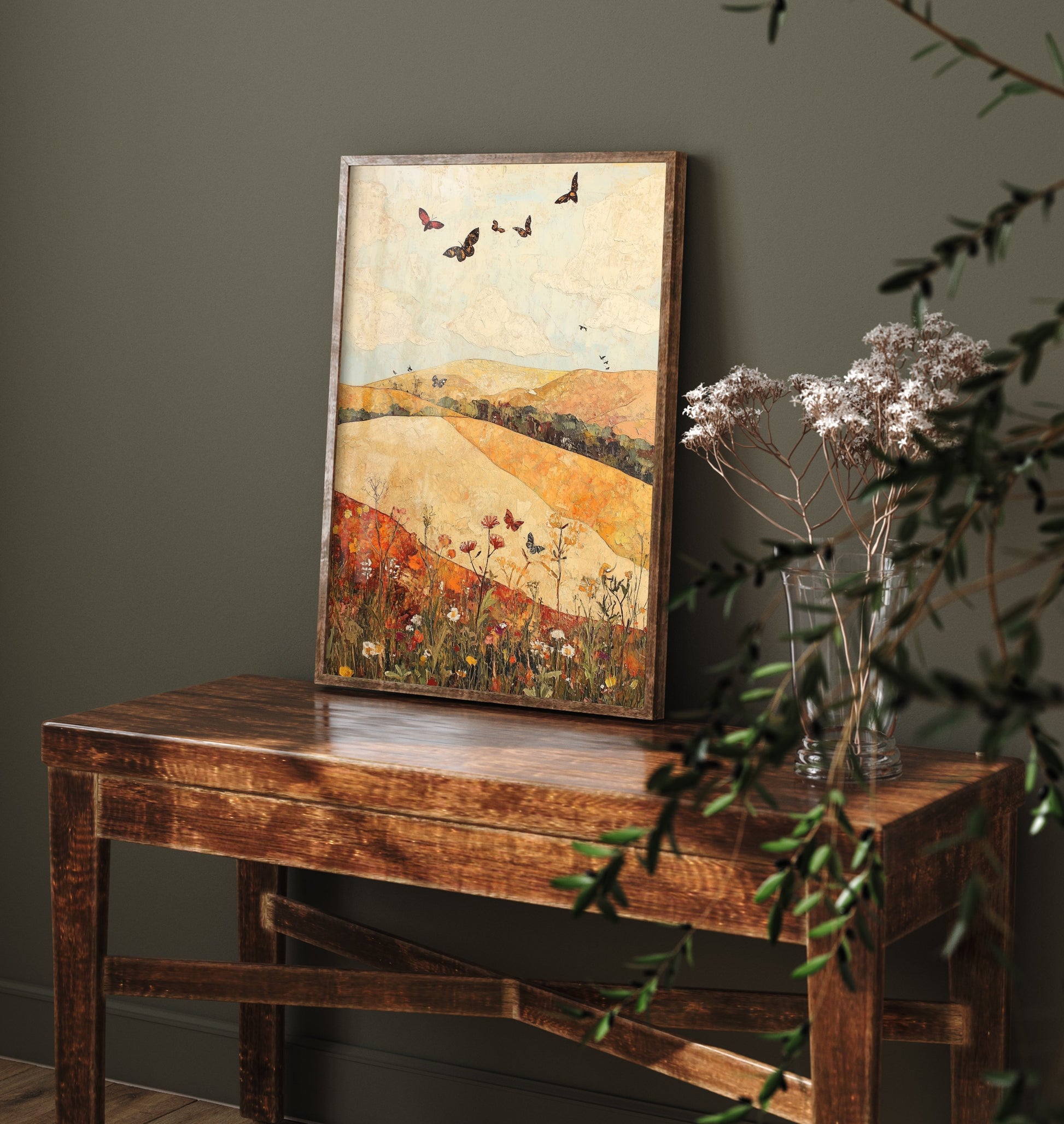 Rolling Hills Landscape Art Print - Butterfly Meadow Poster - Folk Art Painting - Cranberry Pistachio and Chalk 3/3